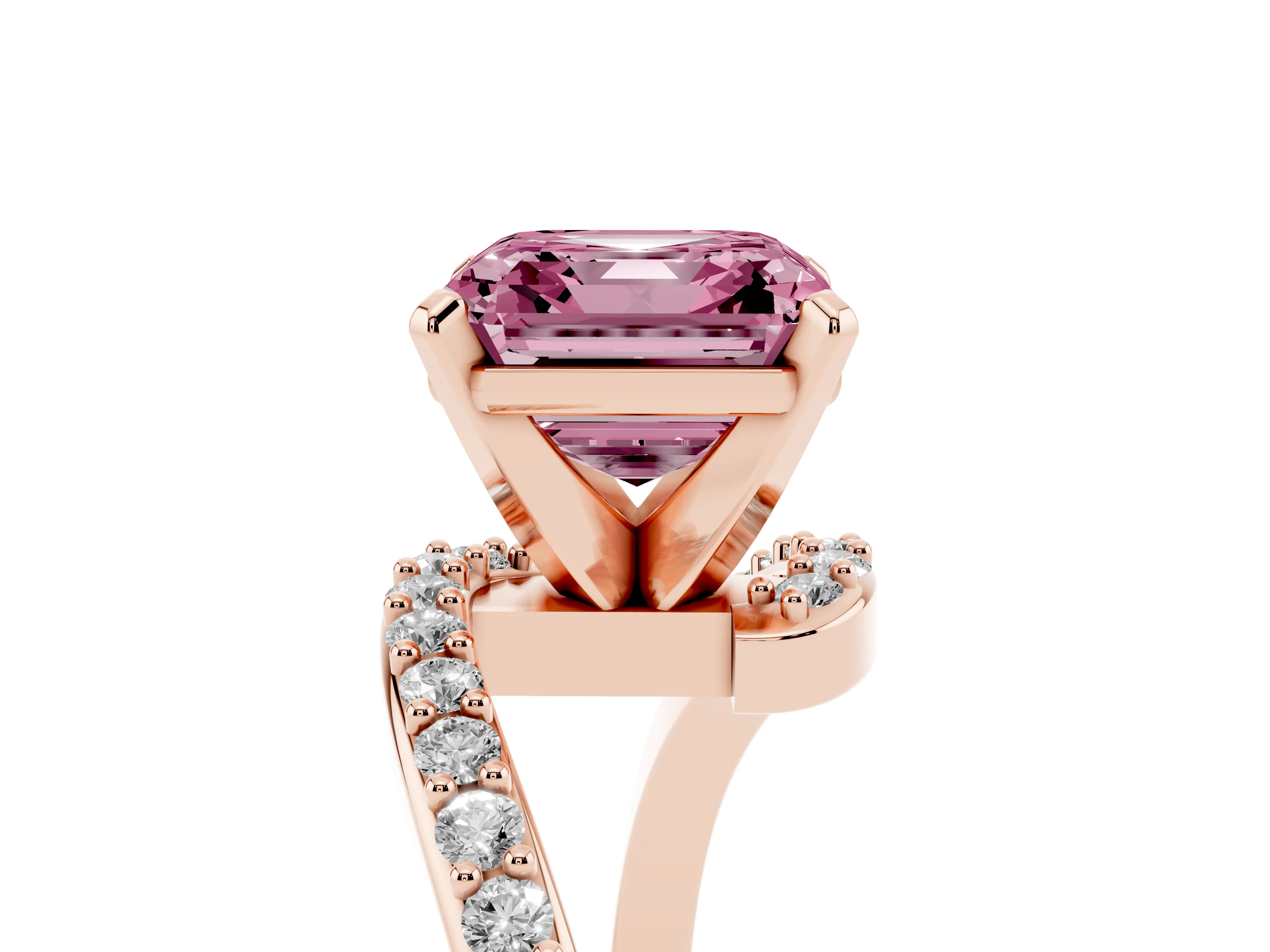 Fancy Pink Asscher Cut Diamond Solitaire Ring Set in Rose gold with Pavé Twist Band and Prong Setting