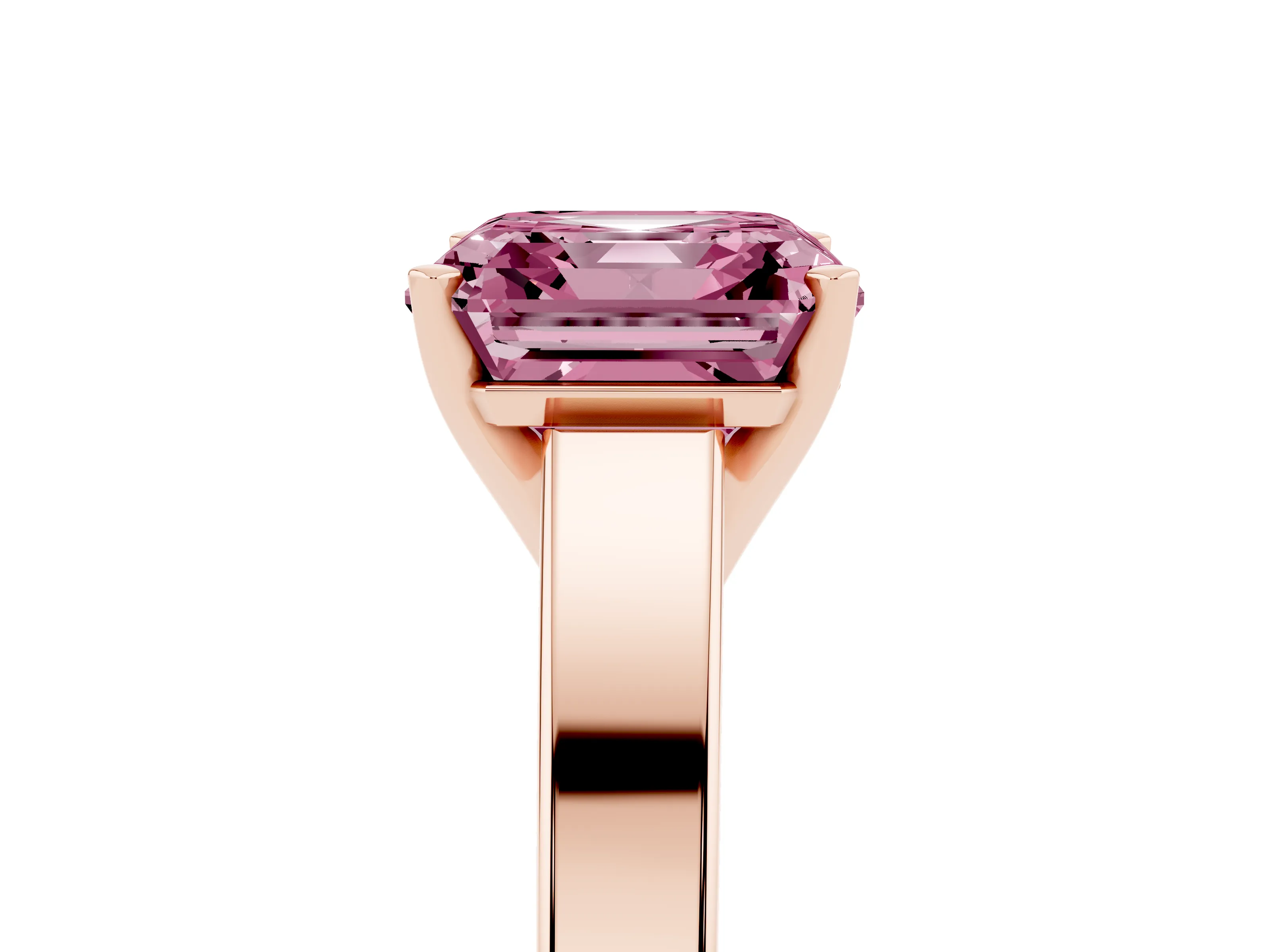 Fancy Pink Asscher Cut Diamond Solitaire Engagement Ring Set in Rose gold with Prong Setting and Tapered Band