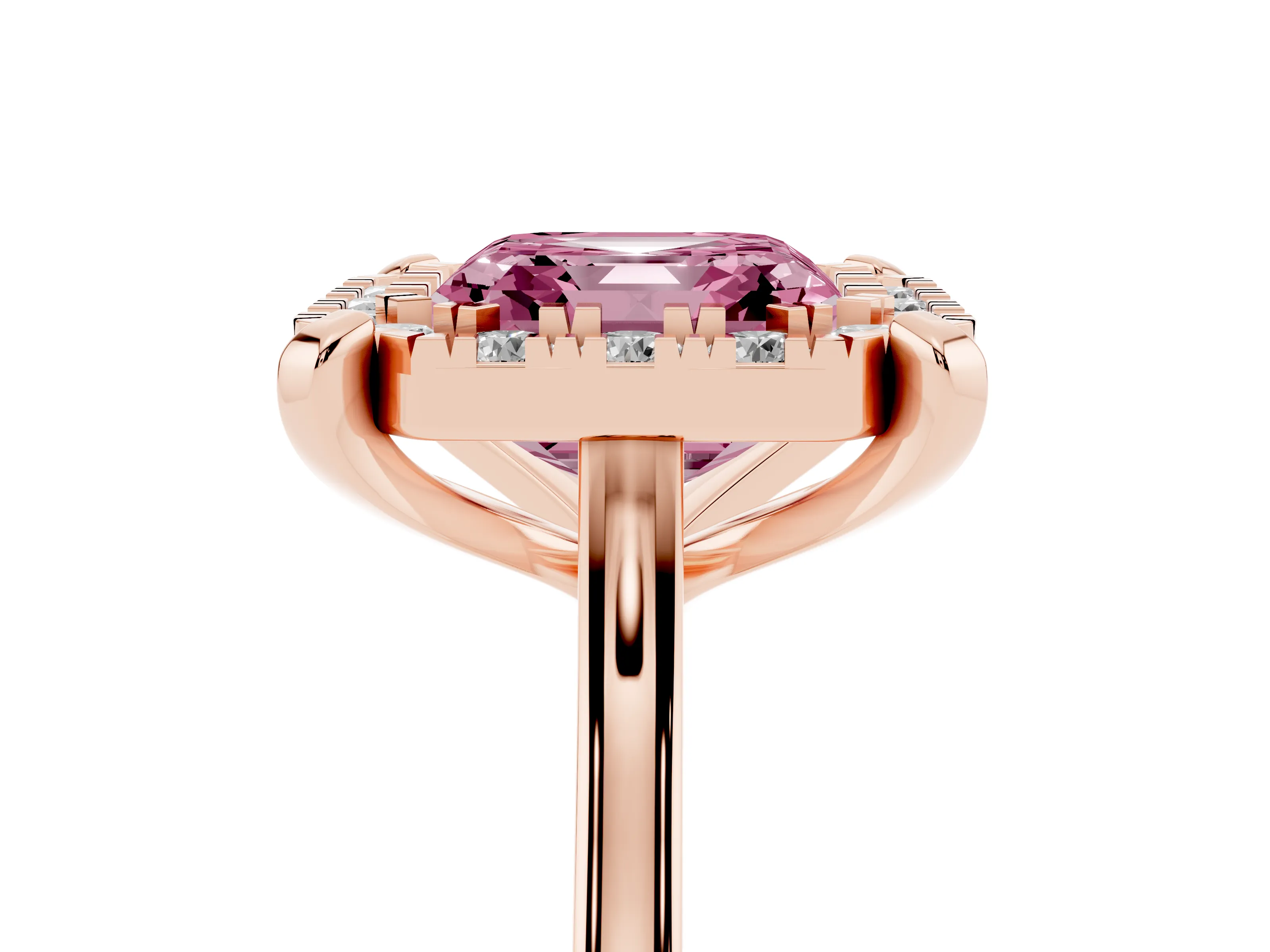 Fancy Pink Asscher Cut Diamond Cluster Halo Solitaire Ring Set in Rose gold with Prong Setting