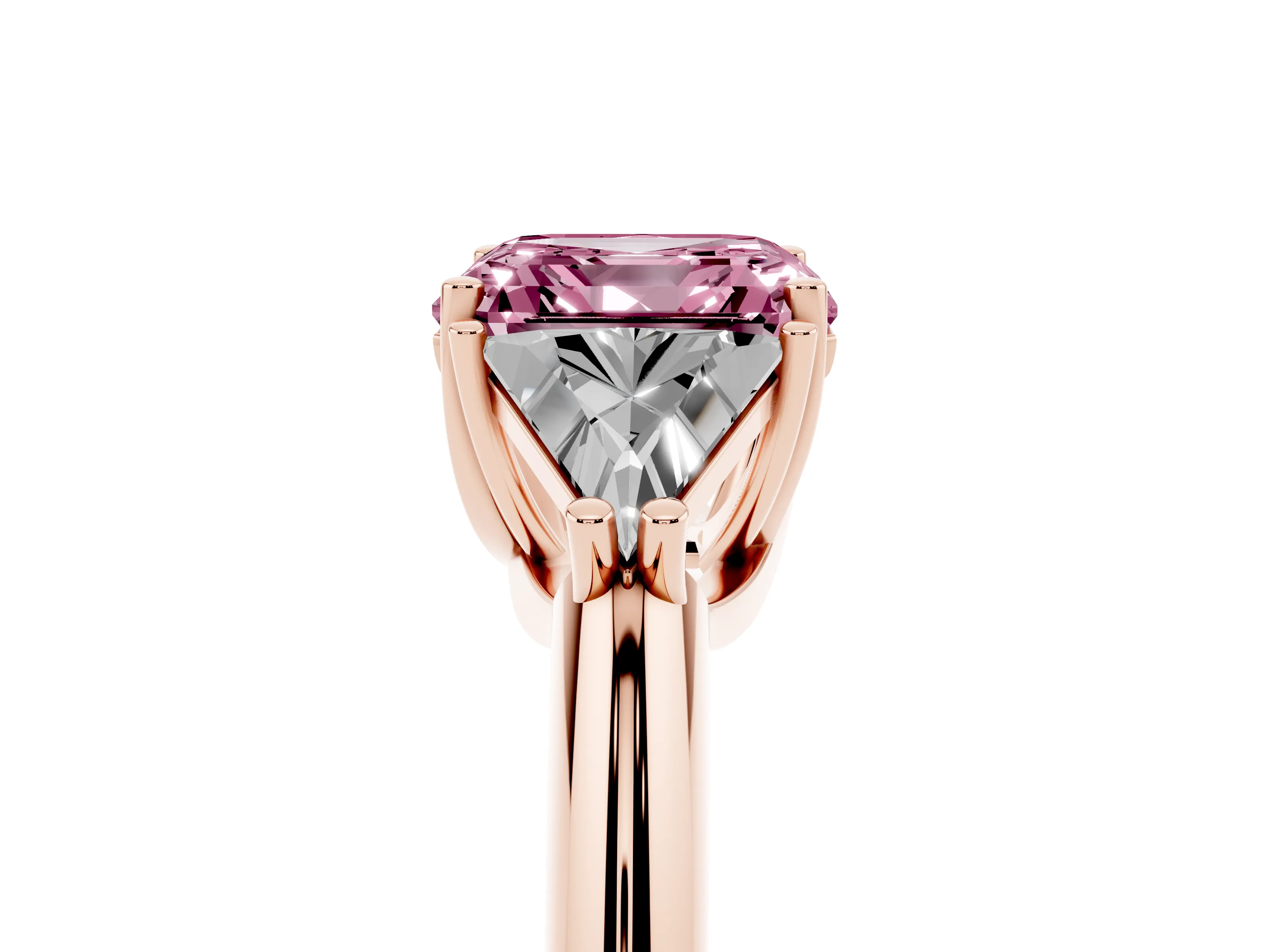 Fancy Pink Asscher Cut Diamond Three-Stone Engagement Ring Set in Rose gold with Trillion Side Stones
