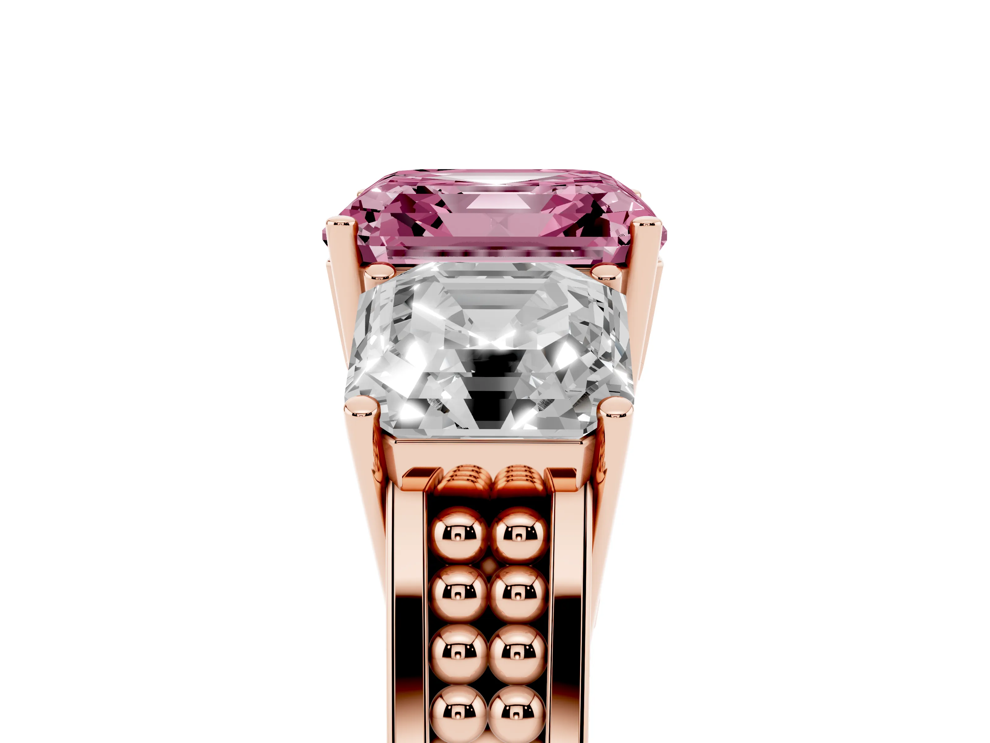 Fancy Pink Asscher Cut Diamond Three-Stone Ring Set in Rose gold with Textured Band