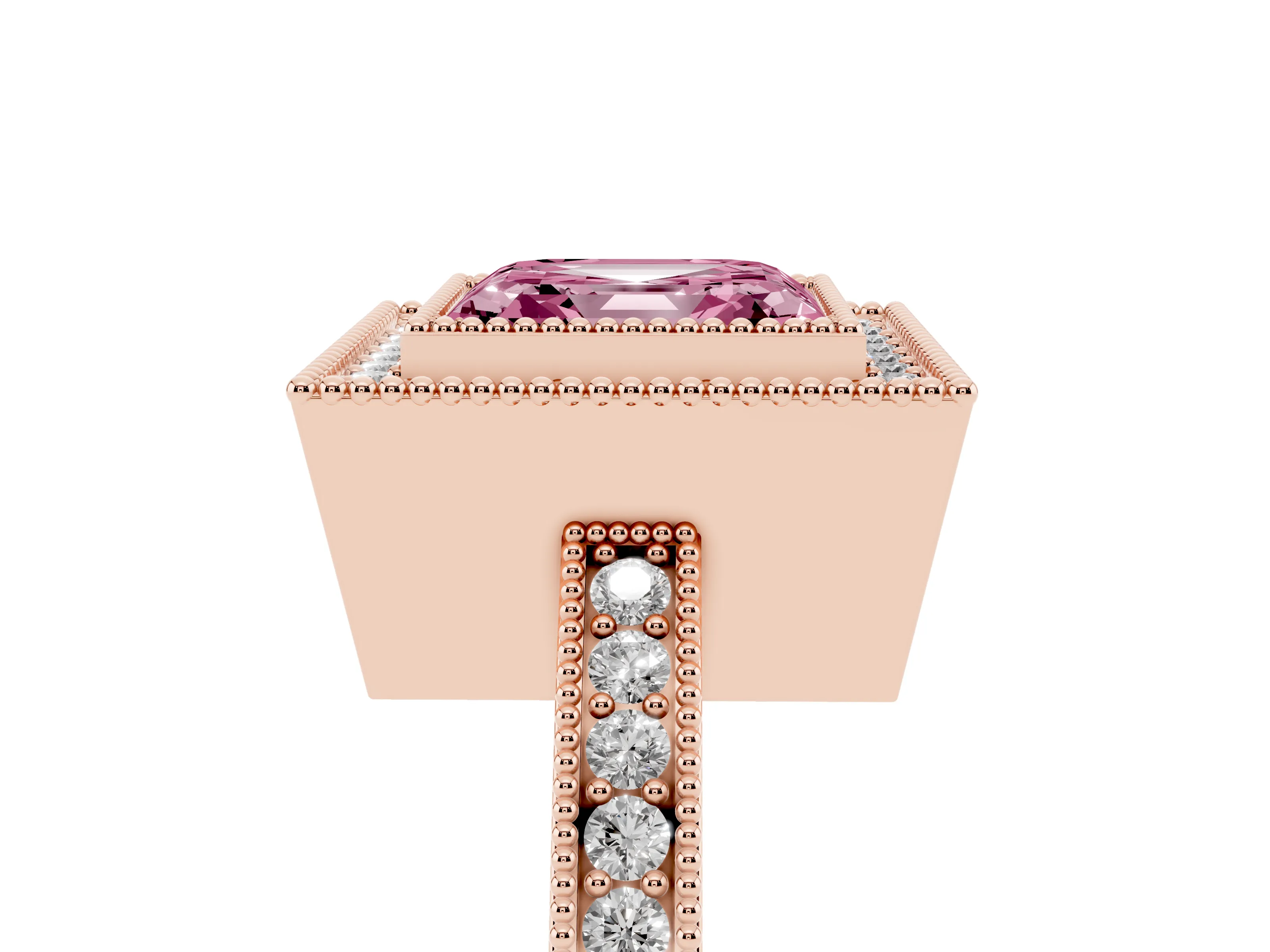 Fancy Pink Asscher Cut Diamond Round Halo Ring Set in Rose gold with Pavé Band
