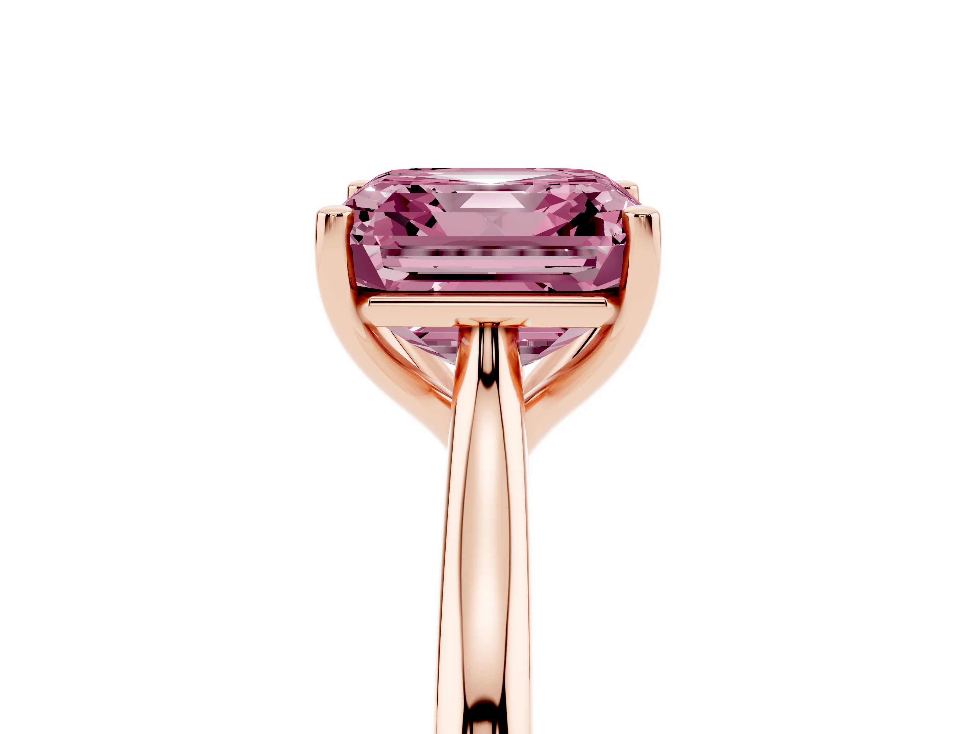 Fancy Pink Asscher Cut Diamond Solitaire Ring Set in Rose gold with Cathedral Band and Prong Setting