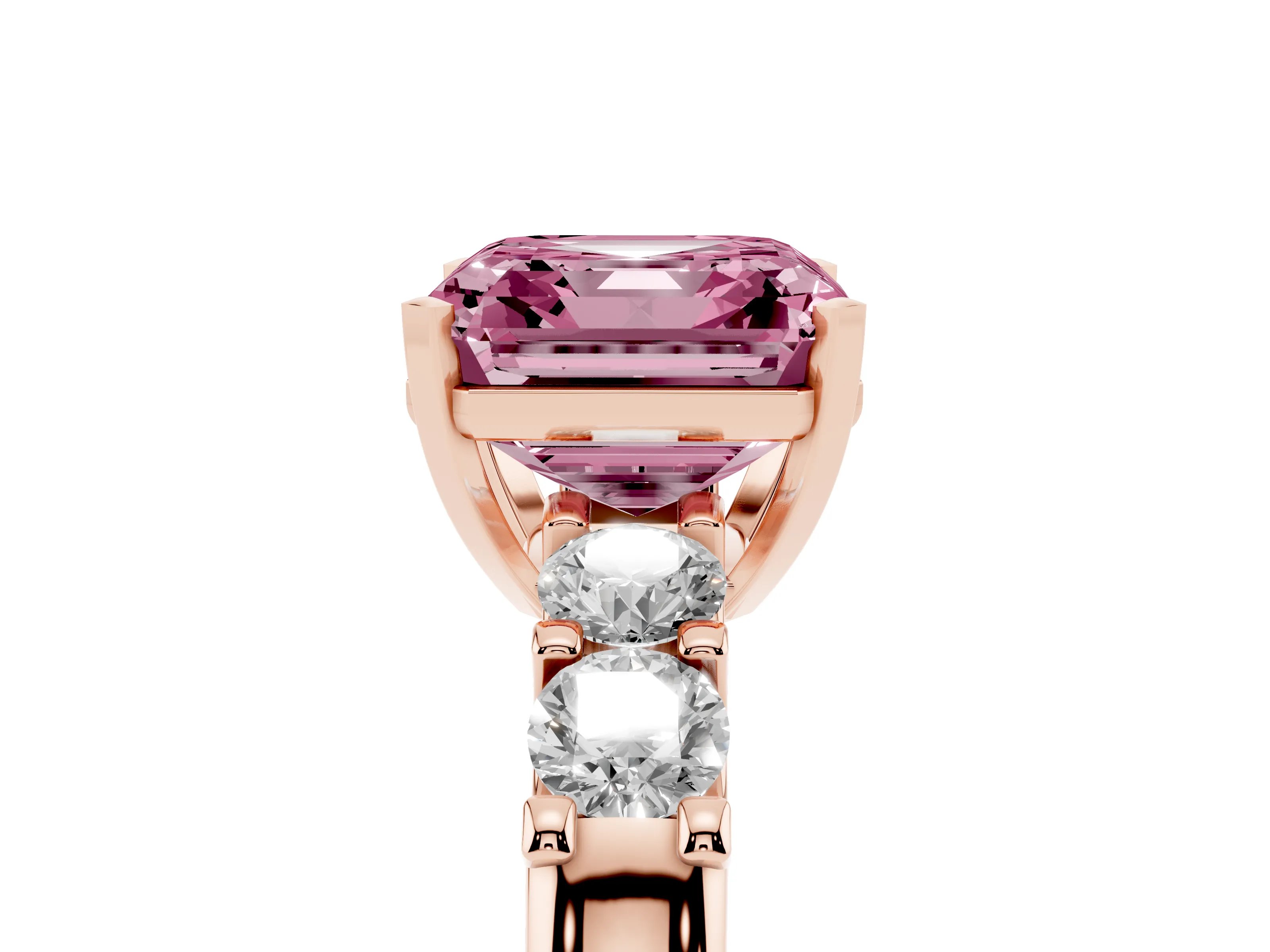 Fancy Pink Asscher Cut Diamond Five-Stone Prong Set Engagement Ring Set in Rose gold with Channel Band