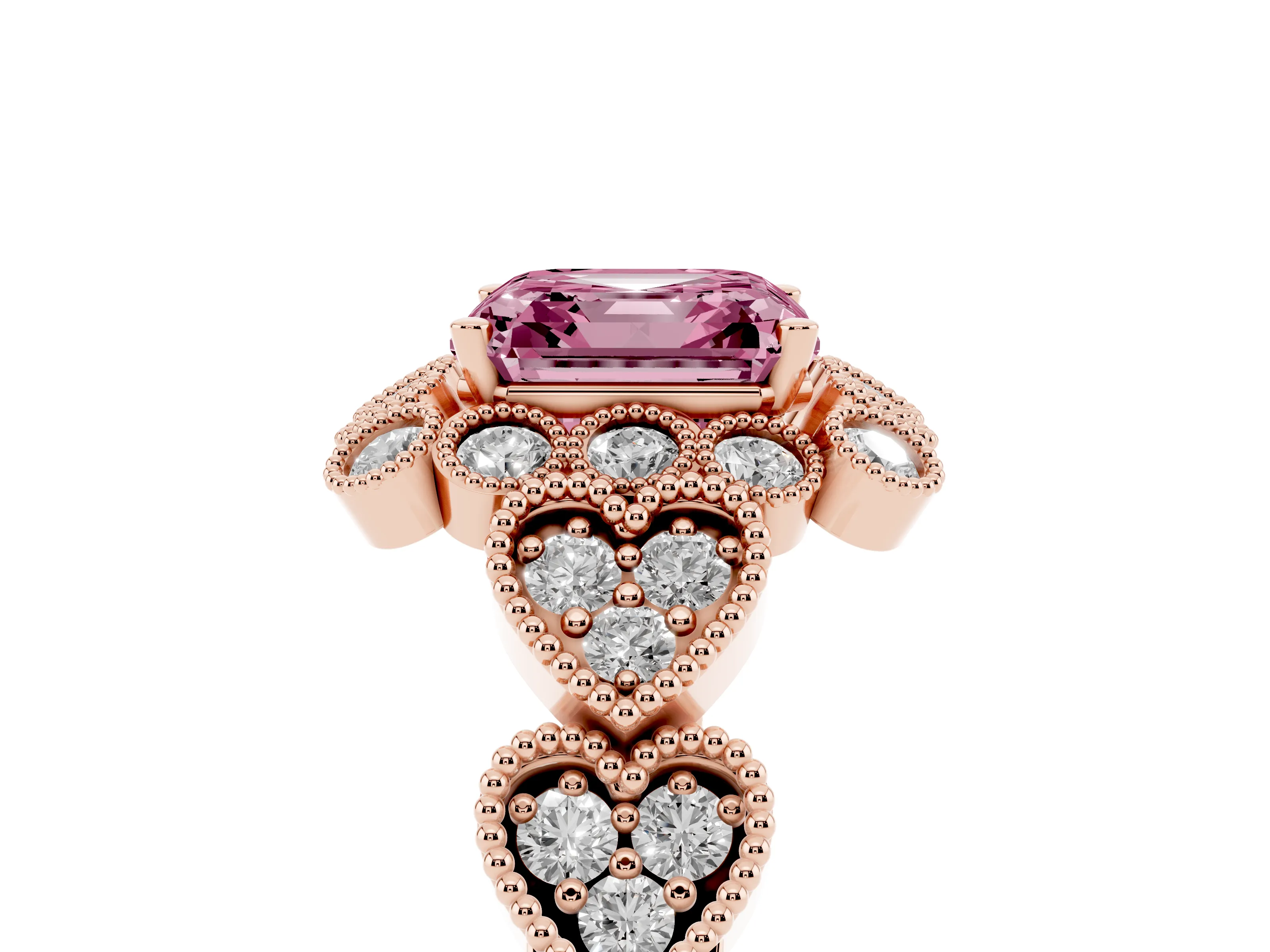 Fancy Pink Asscher Cut Diamond Solitaire Ring Set in Rose gold with Milgrain Pavé Heart Band