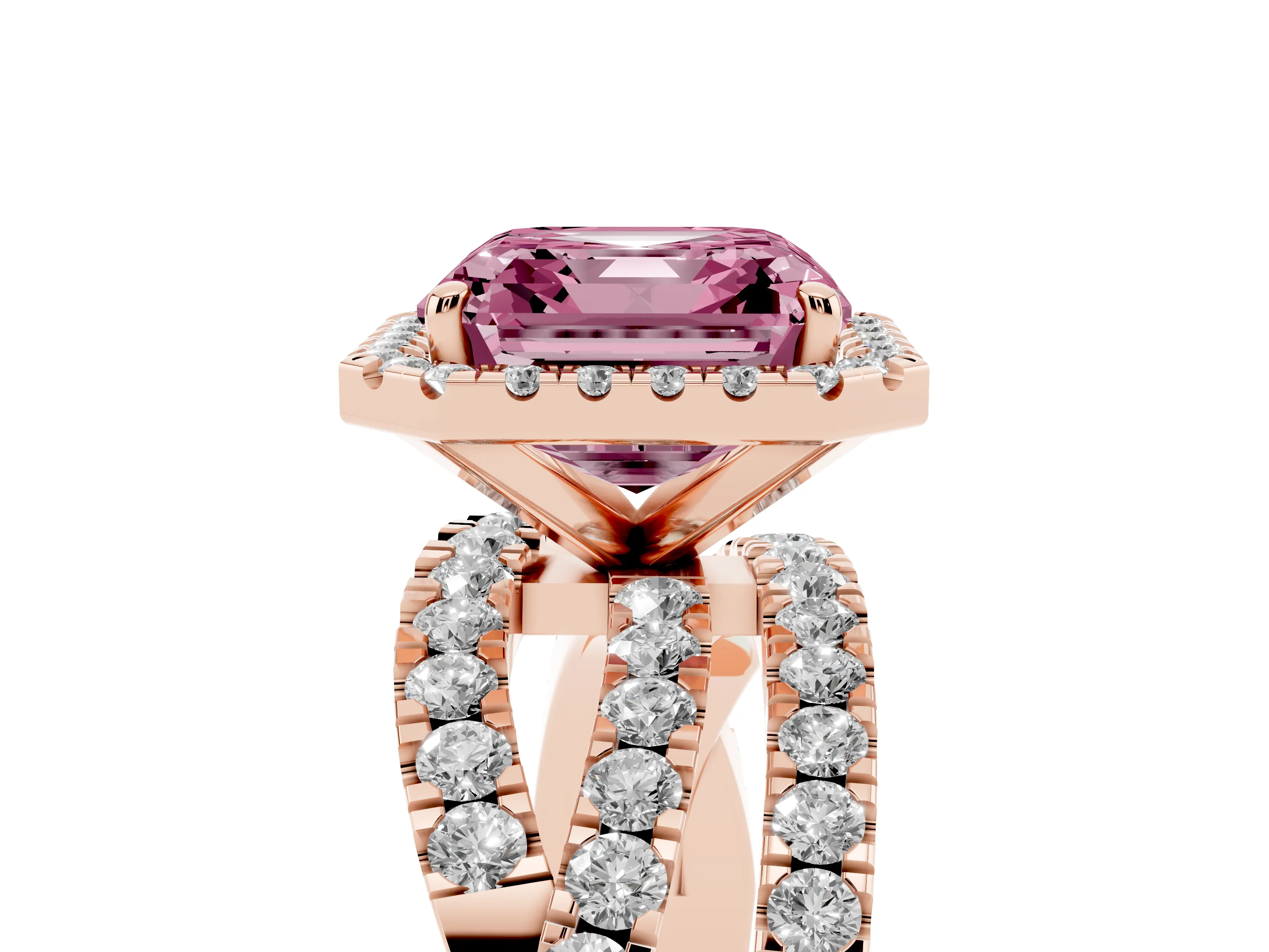 Fancy Pink Asscher Cut Diamond Halo Ring Set in Rose gold with Round Crossover Split Shank and Prong Setting