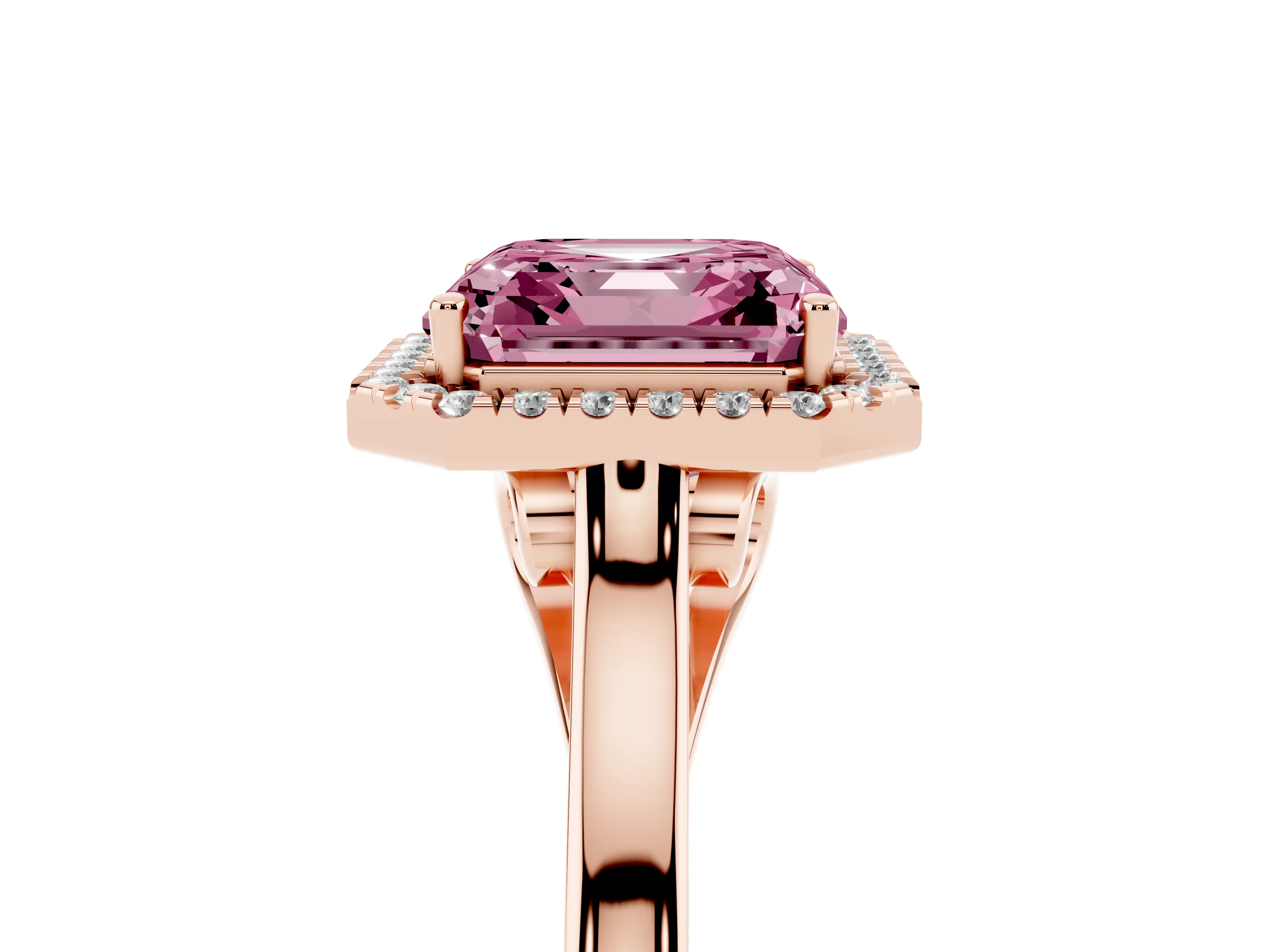 Fancy Pink Asscher Cut Halo Round Diamond Solitaire Ring Set in Rose gold with Pavé Band and Prong Setting