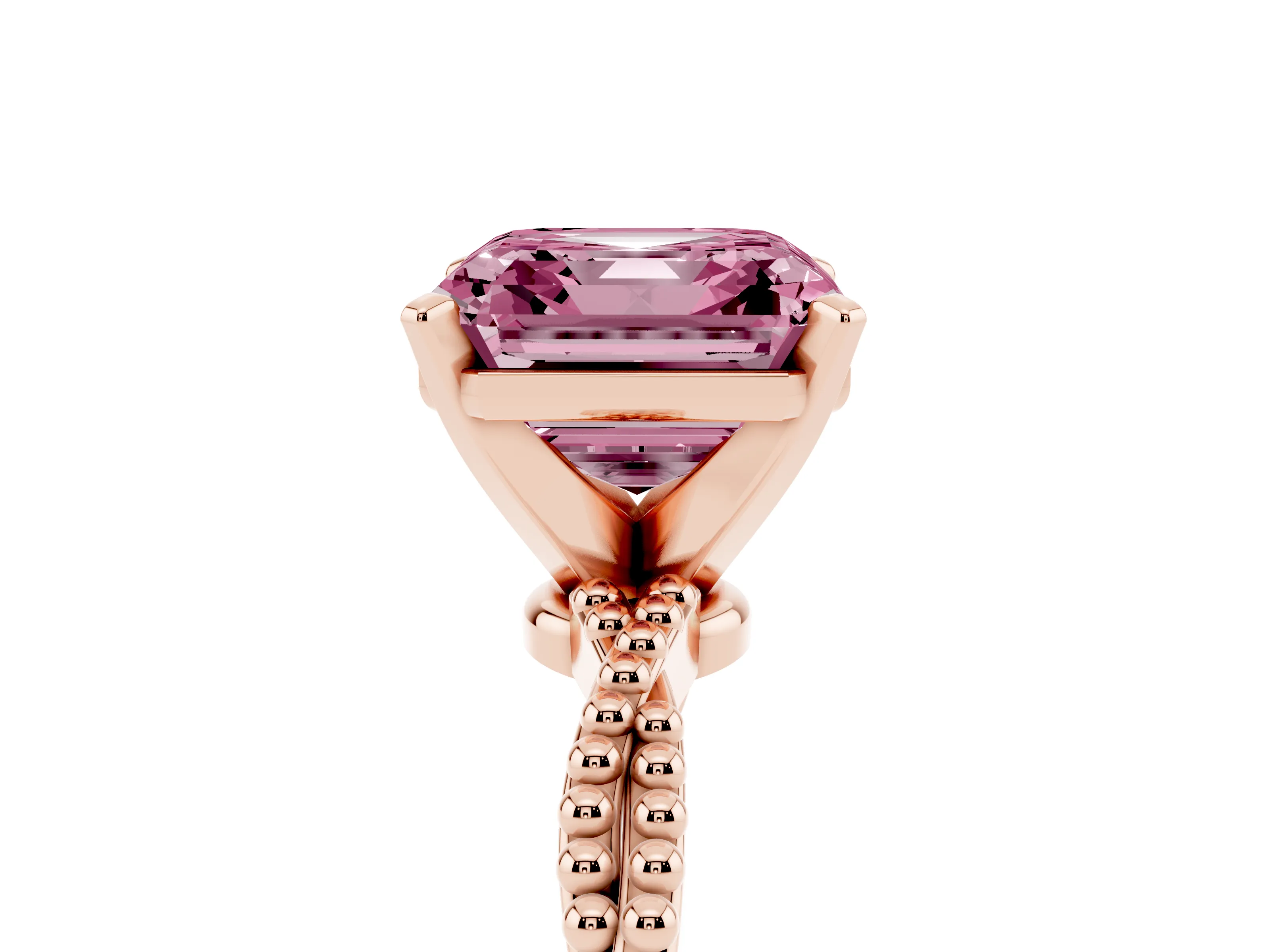 Fancy Pink Asscher Cut Diamond Solitaire Ring Set in Rose gold with Twisted Band and Bead Prong Setting