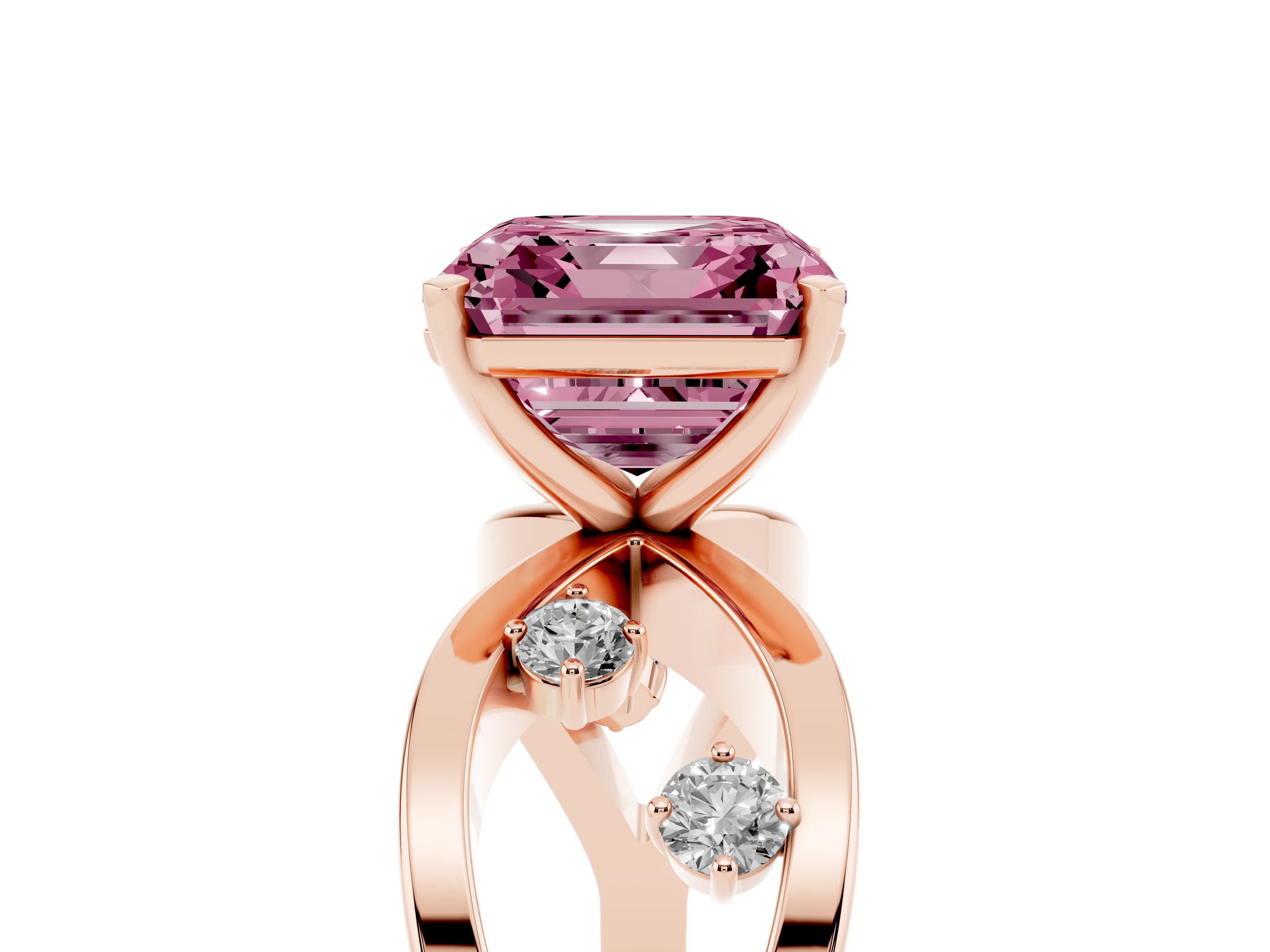 Fancy Pink Asscher Cut Diamond Solitaire Ring Set in Rose gold with Side Stones on Criss-Cross Band and Prong Setting