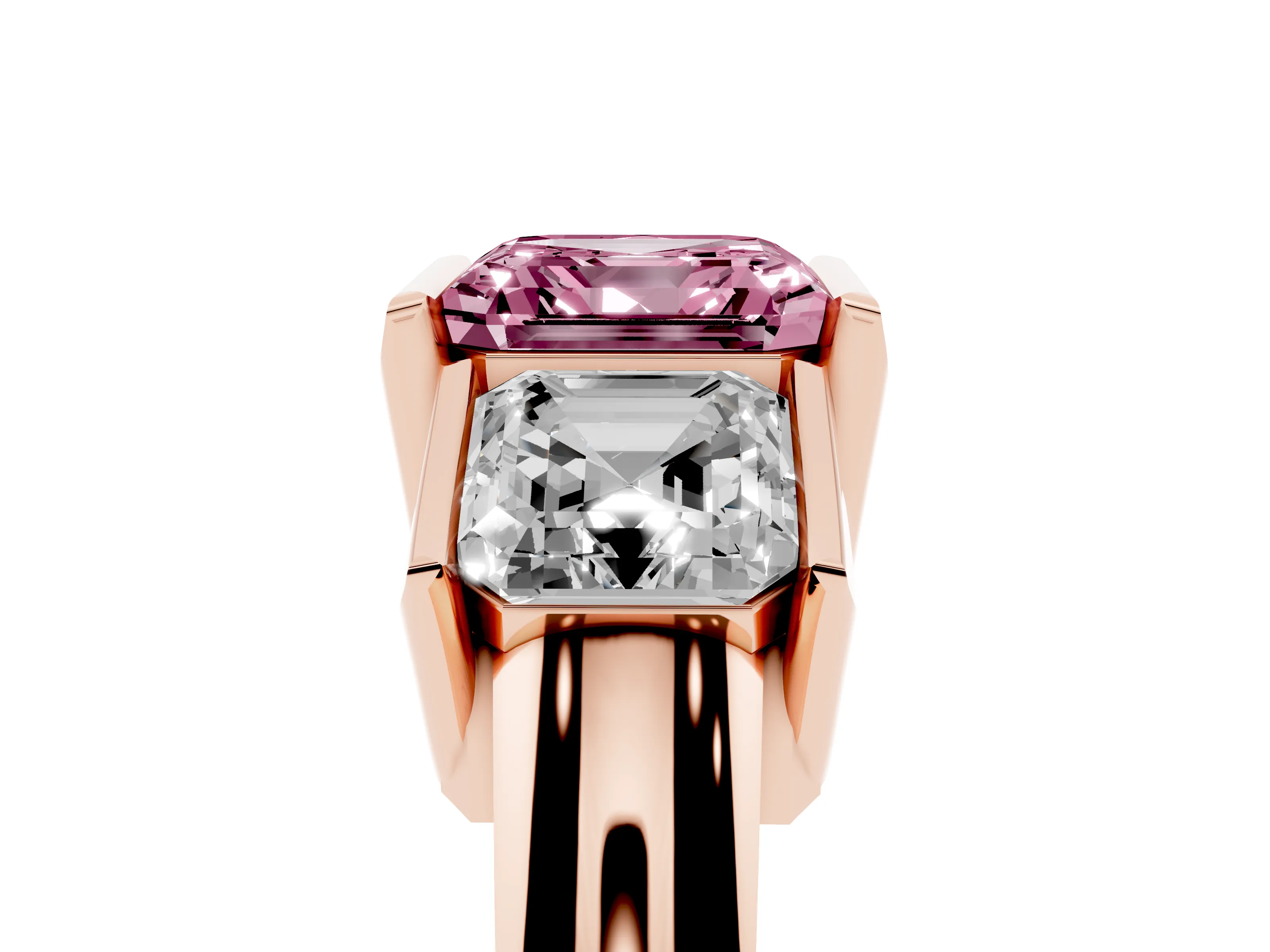 Fancy Pink Asscher Cut Diamond Three-Stone Channel Set Ring Set in Rose gold with Smooth Polished Band