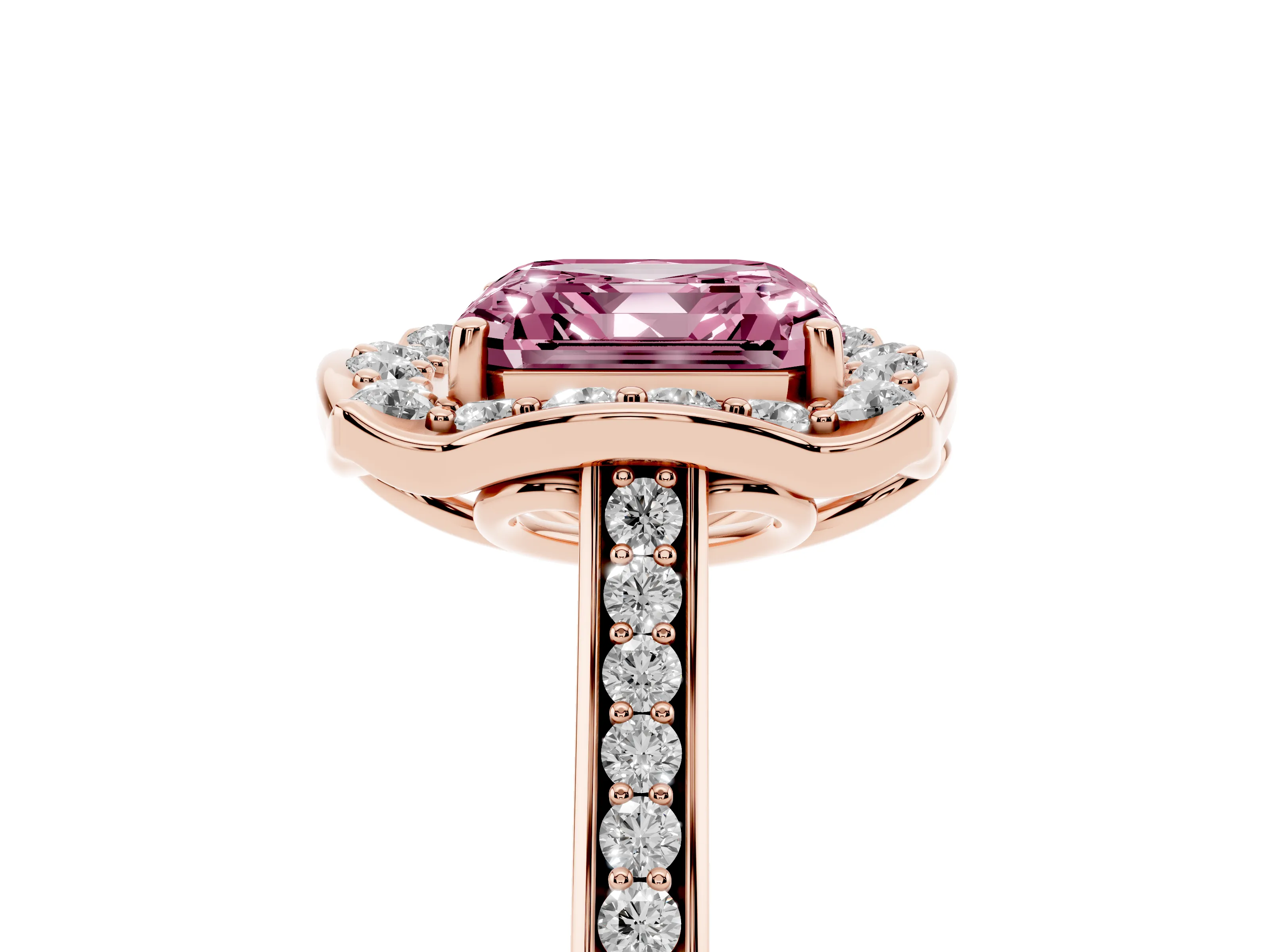 Fancy Pink Asscher Cut Diamond Halo Ring Set in Rose gold with Pavé-Lined Shoulders and Prong Setting