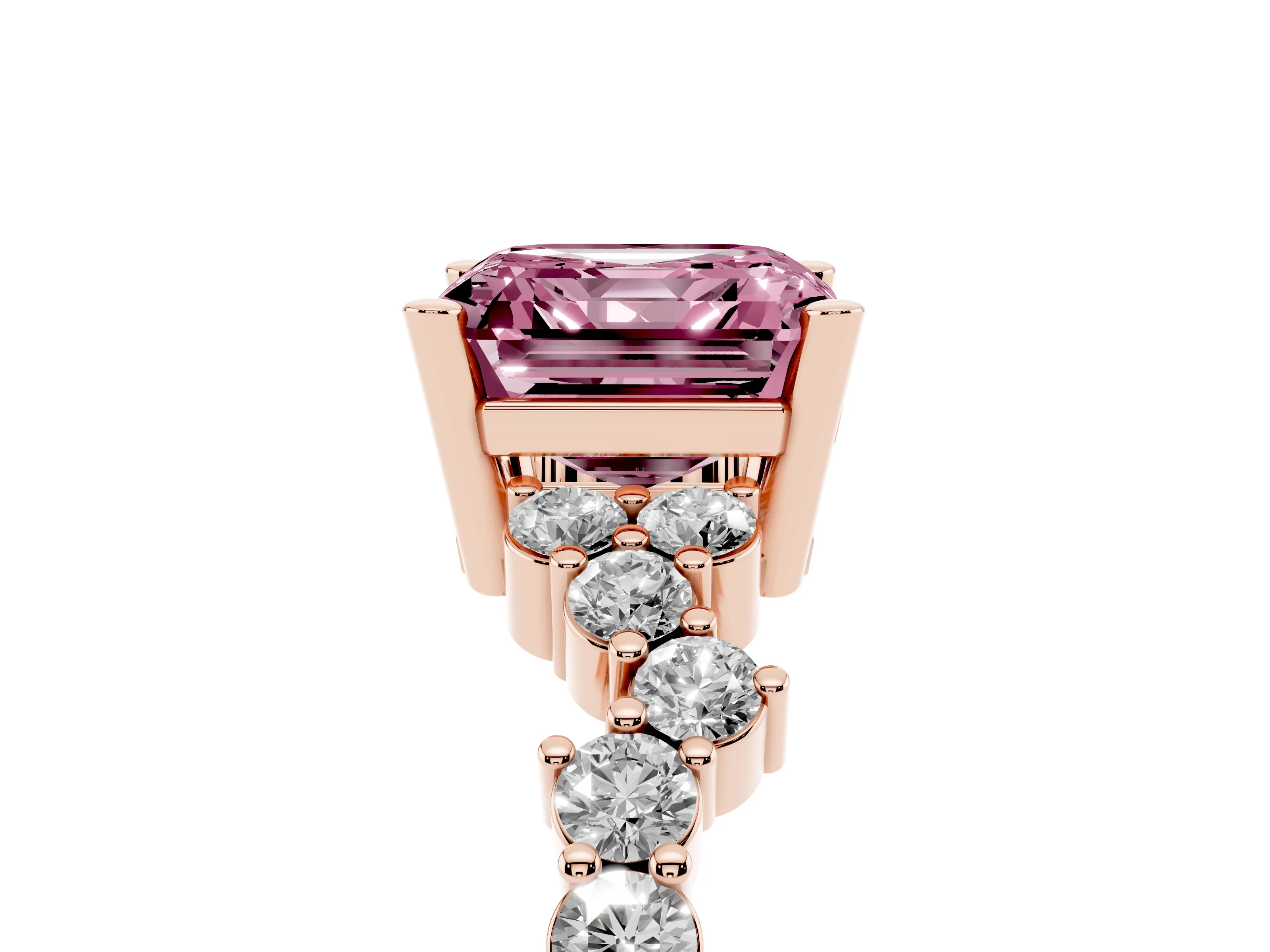 Fancy Pink Asscher Cut Diamond Ring Set in Rose gold with Scattered Round Accents