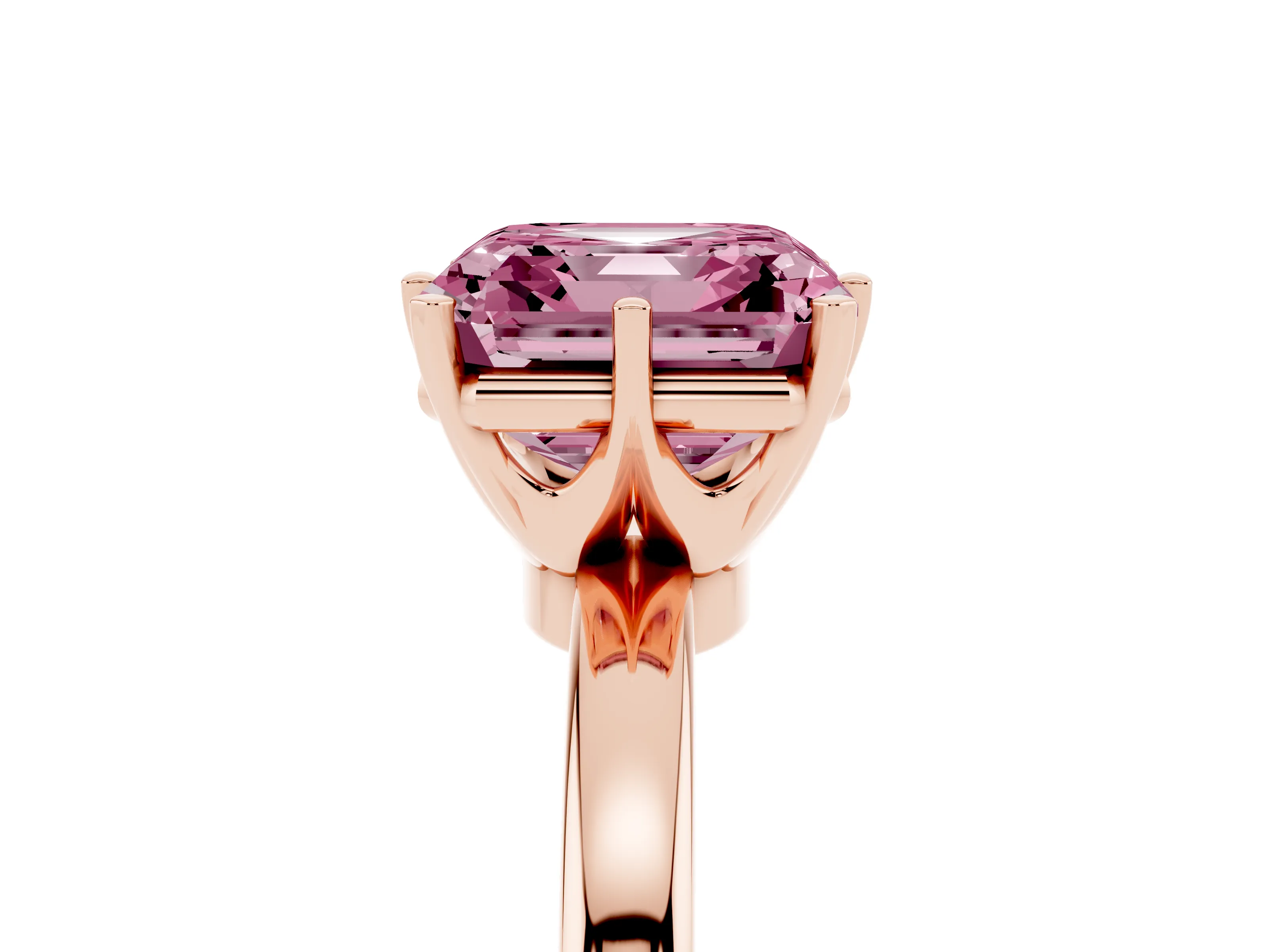Fancy Pink Asscher Cut Diamond Solitaire Ring Set in Rose gold with Raised Prong Setting on a Classic Band