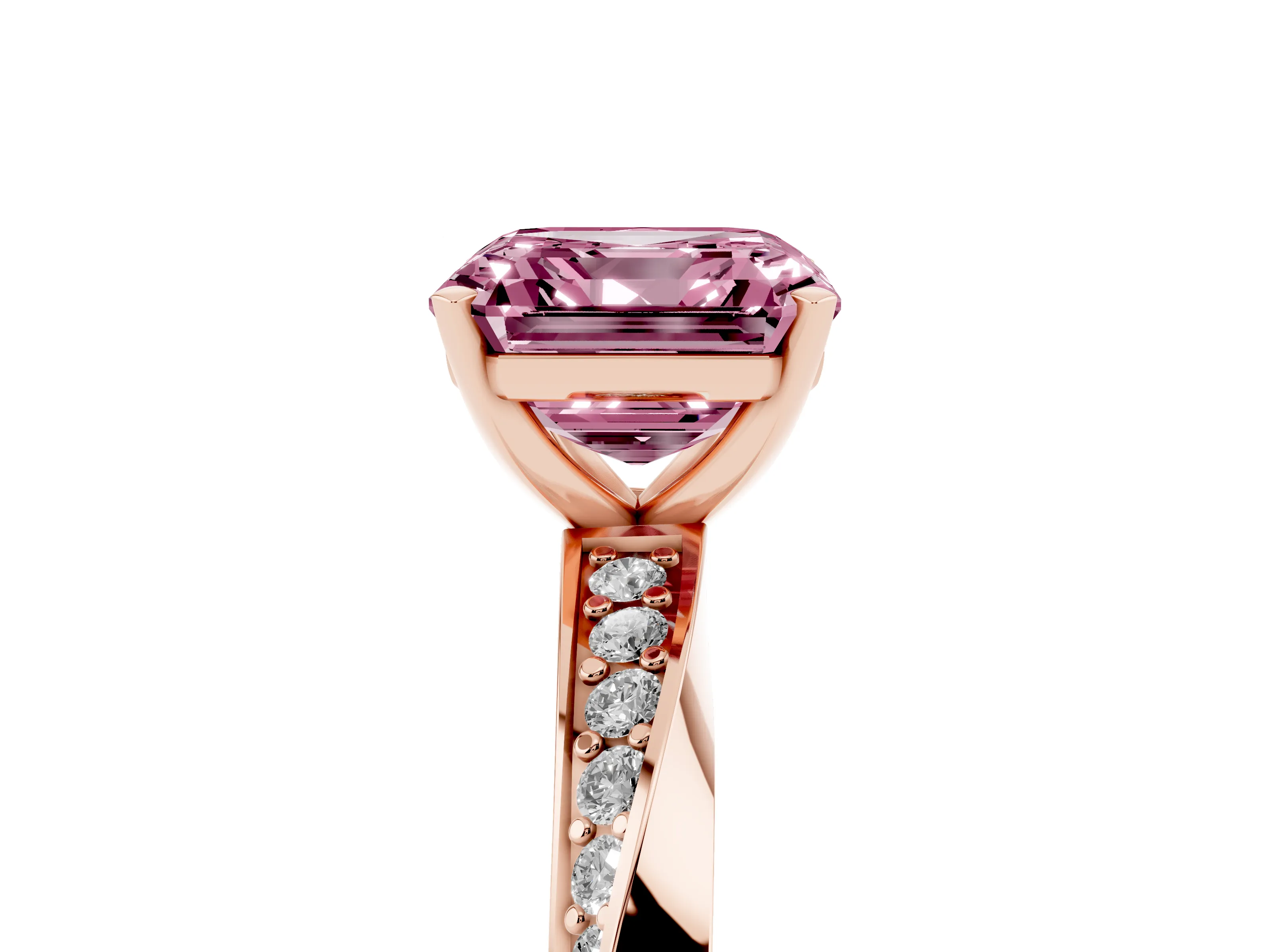Fancy Pink Asscher Cut Diamond Engagement Ring Set in Rose gold with Side Stone Accents and Prong Setting