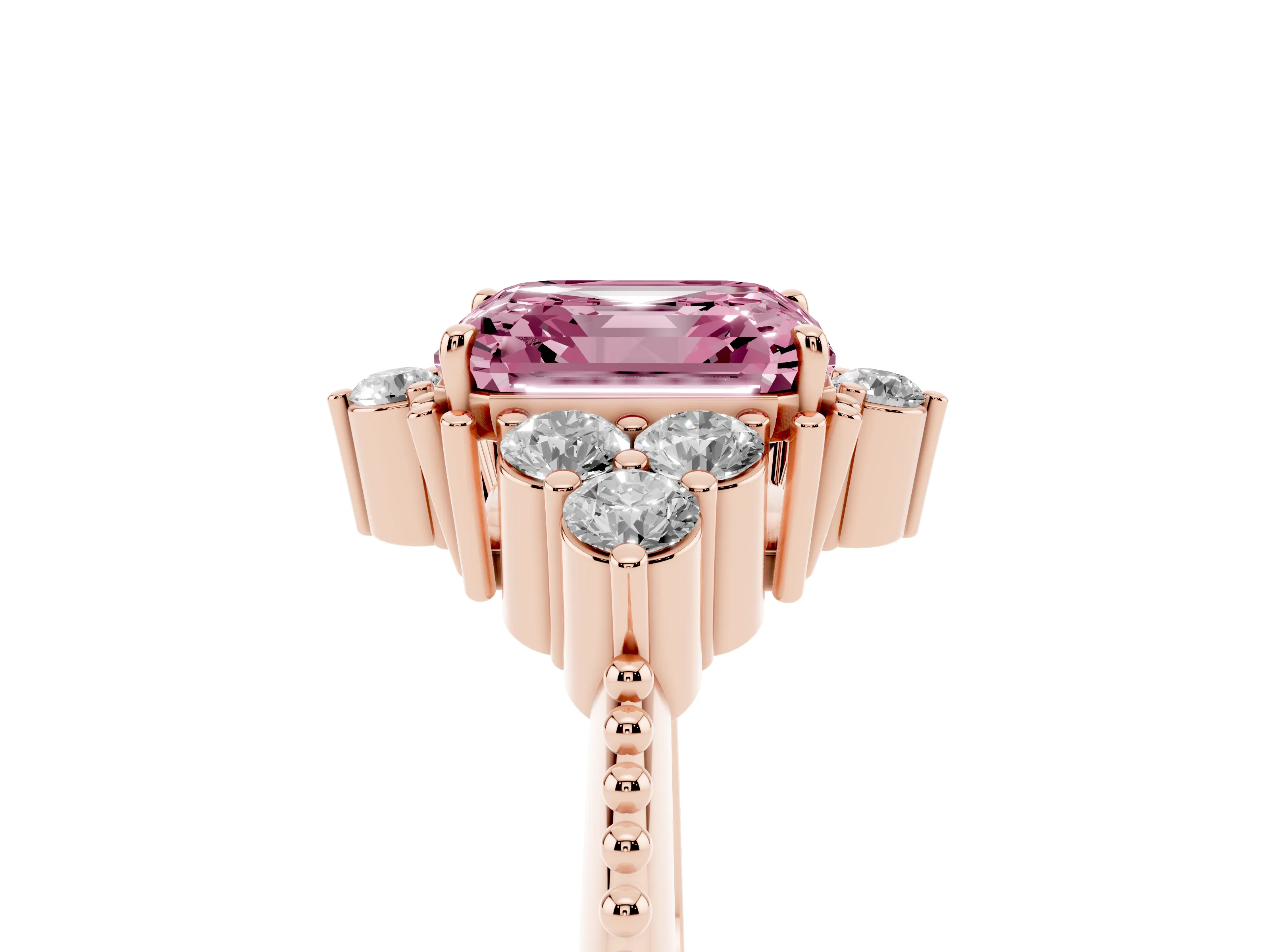 Fancy Pink Asscher Cut Diamond Cluster Ring Set in Rose gold with Beaded Band