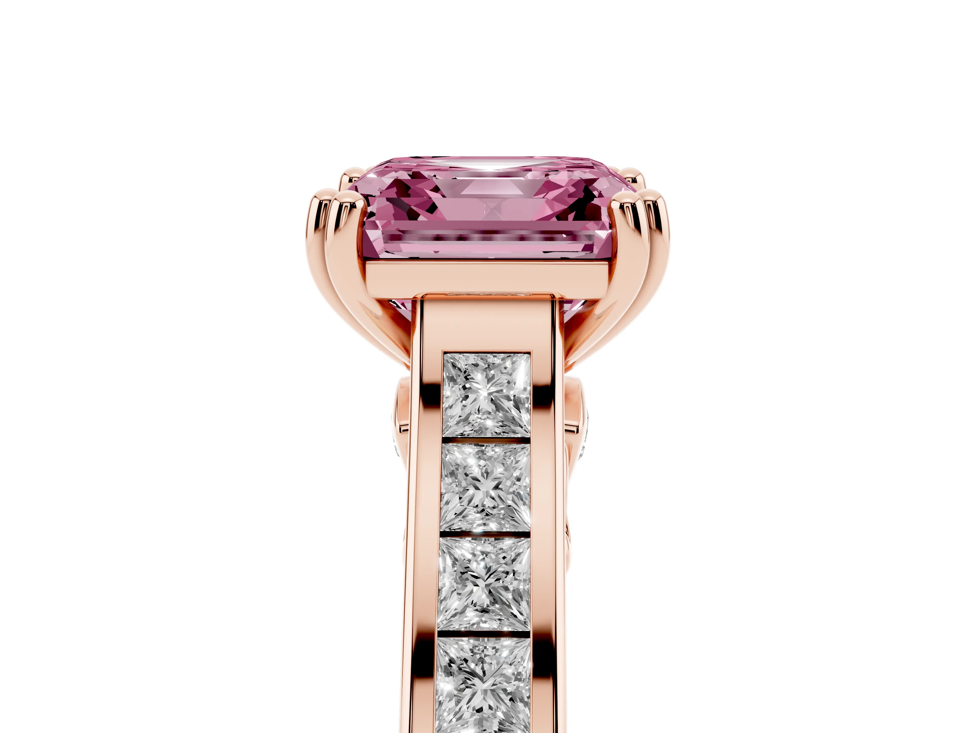 Fancy Pink Asscher Cut Diamond Channel Set Solitaire Engagement Ring Set in Rose gold with Prong Setting