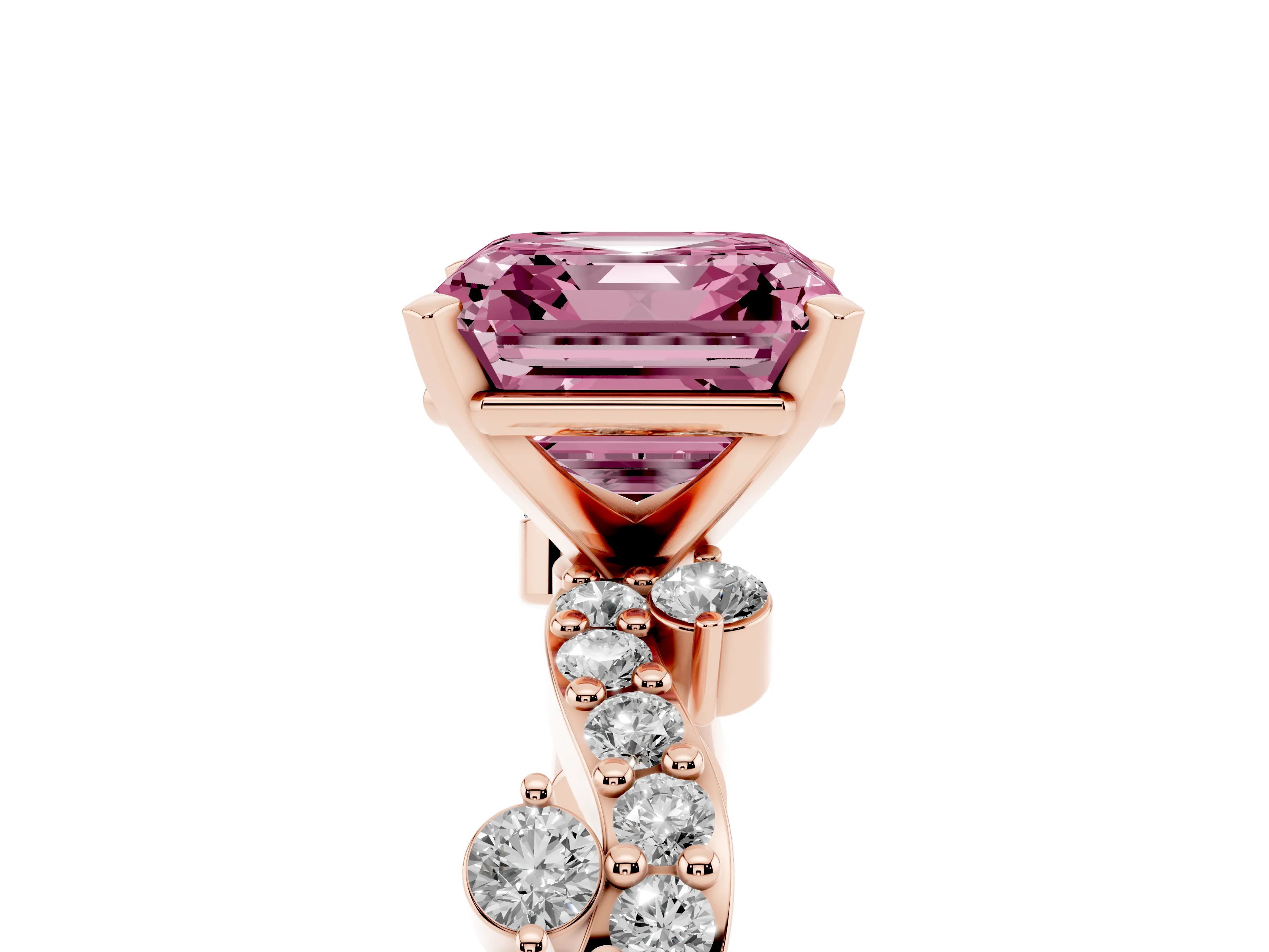 Fancy Pink Asscher Cut Diamond Solitaire Twisted Band Set in Rose gold with Pavé Setting