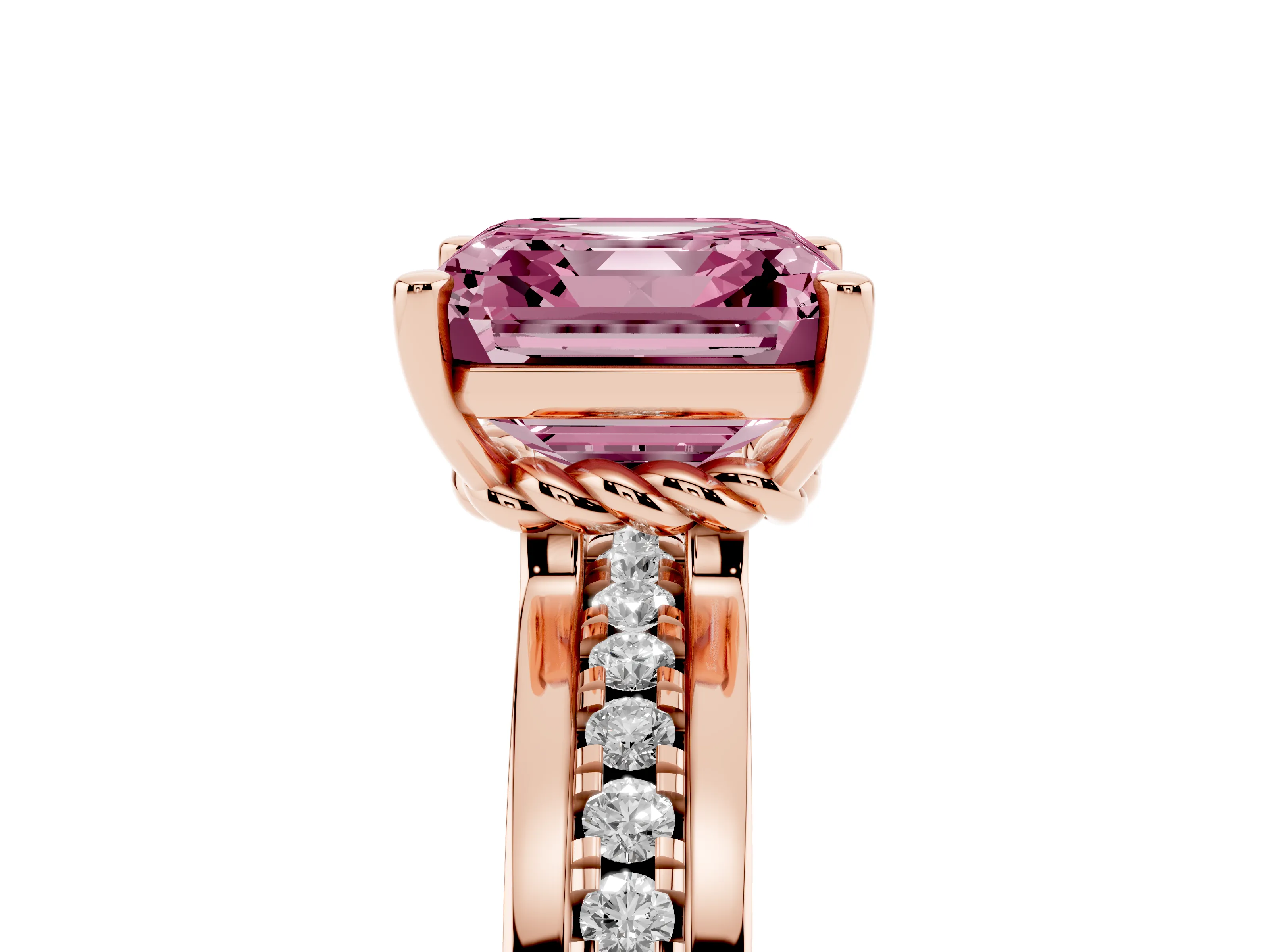 Fancy Pink Asscher Cut Diamond Solitaire Ring Set in Rose gold with Channel Set Band and Prong Setting