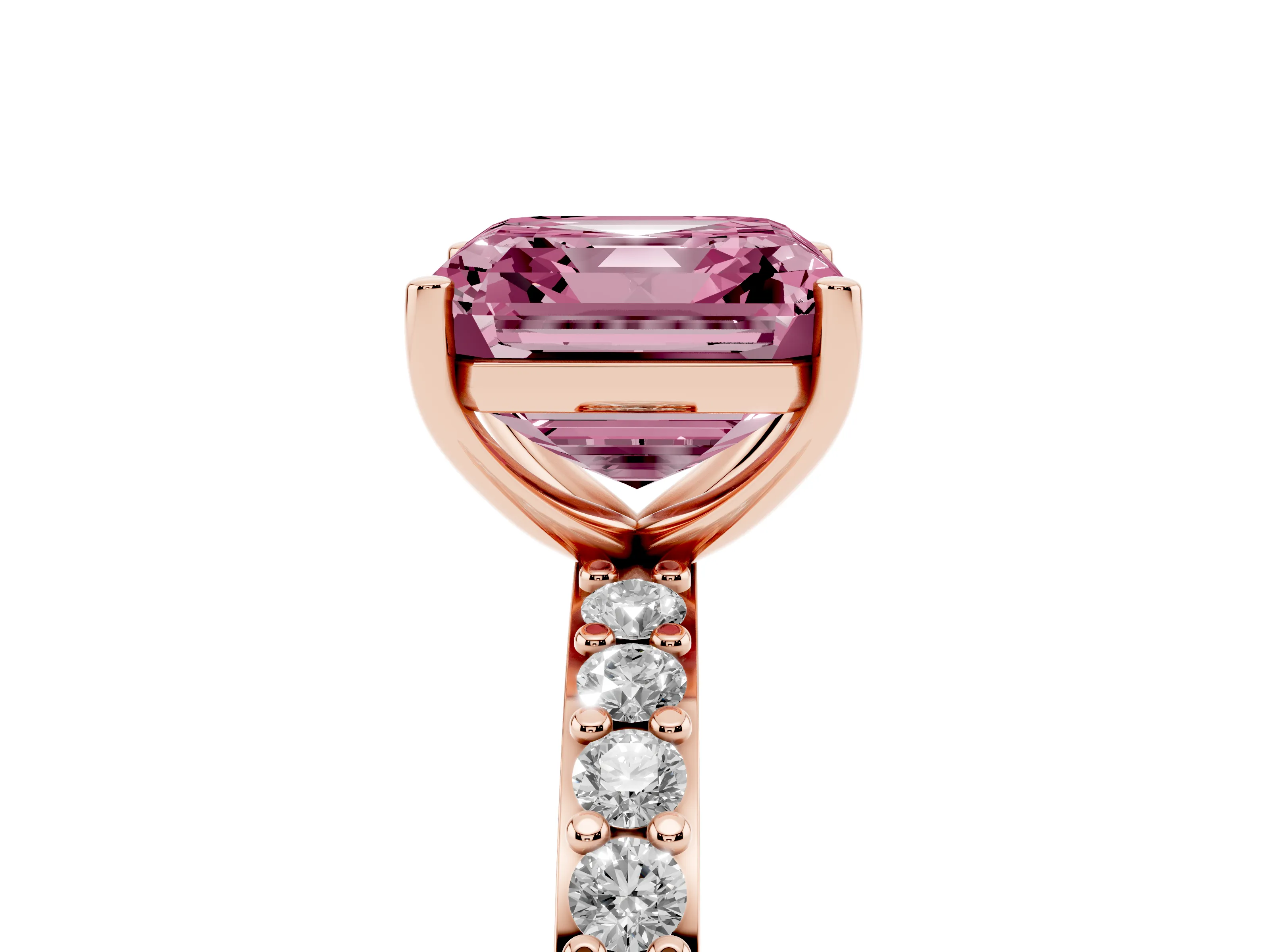 Fancy Pink Asscher Cut Diamond Solitaire Set in Rose gold with Round Pavé Band and Prong Setting