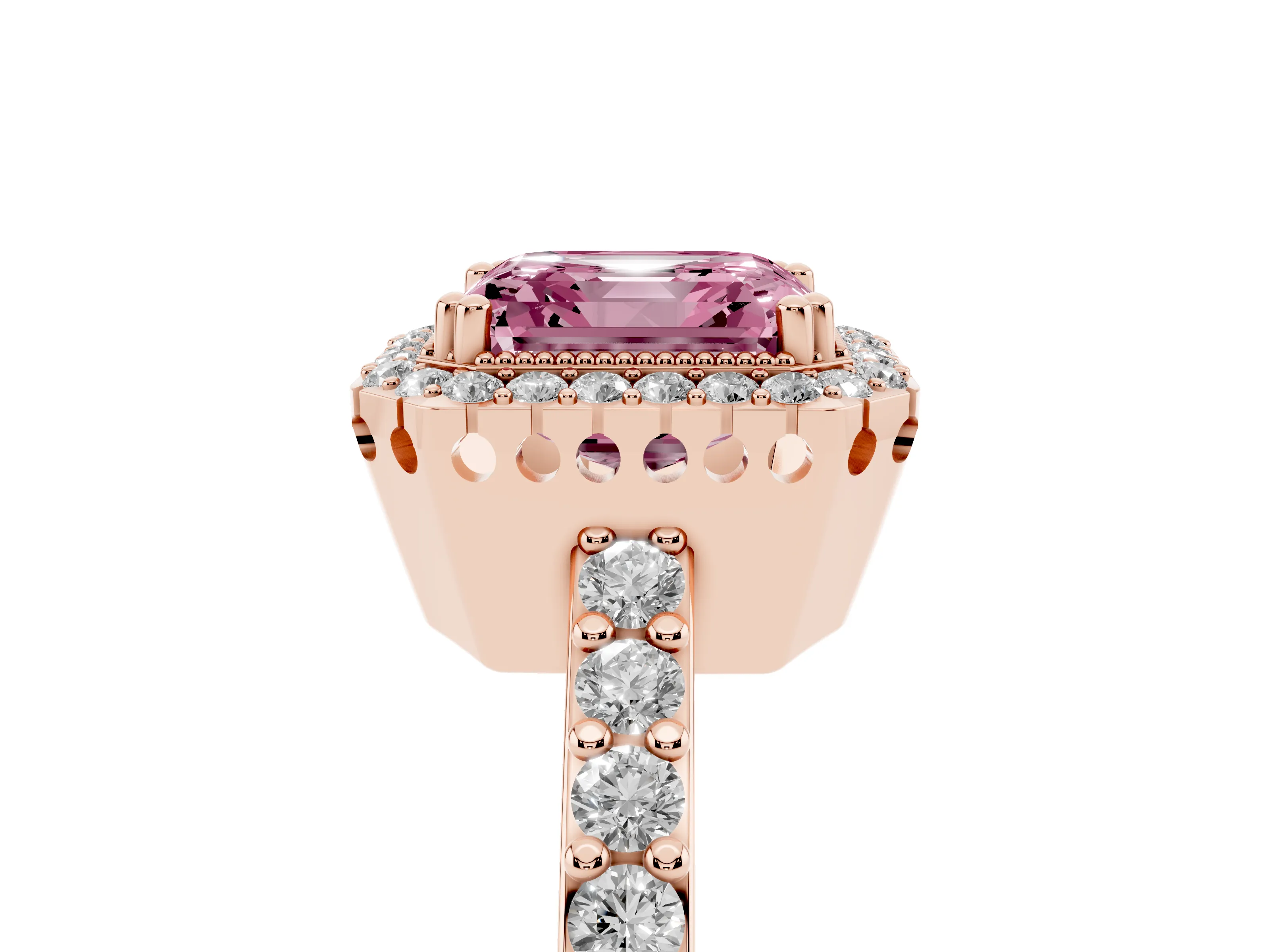 Fancy Pink Asscher Cut Diamond Halo Engagement Ring Set in Rose gold with Milgrain Detail and Pavé Band