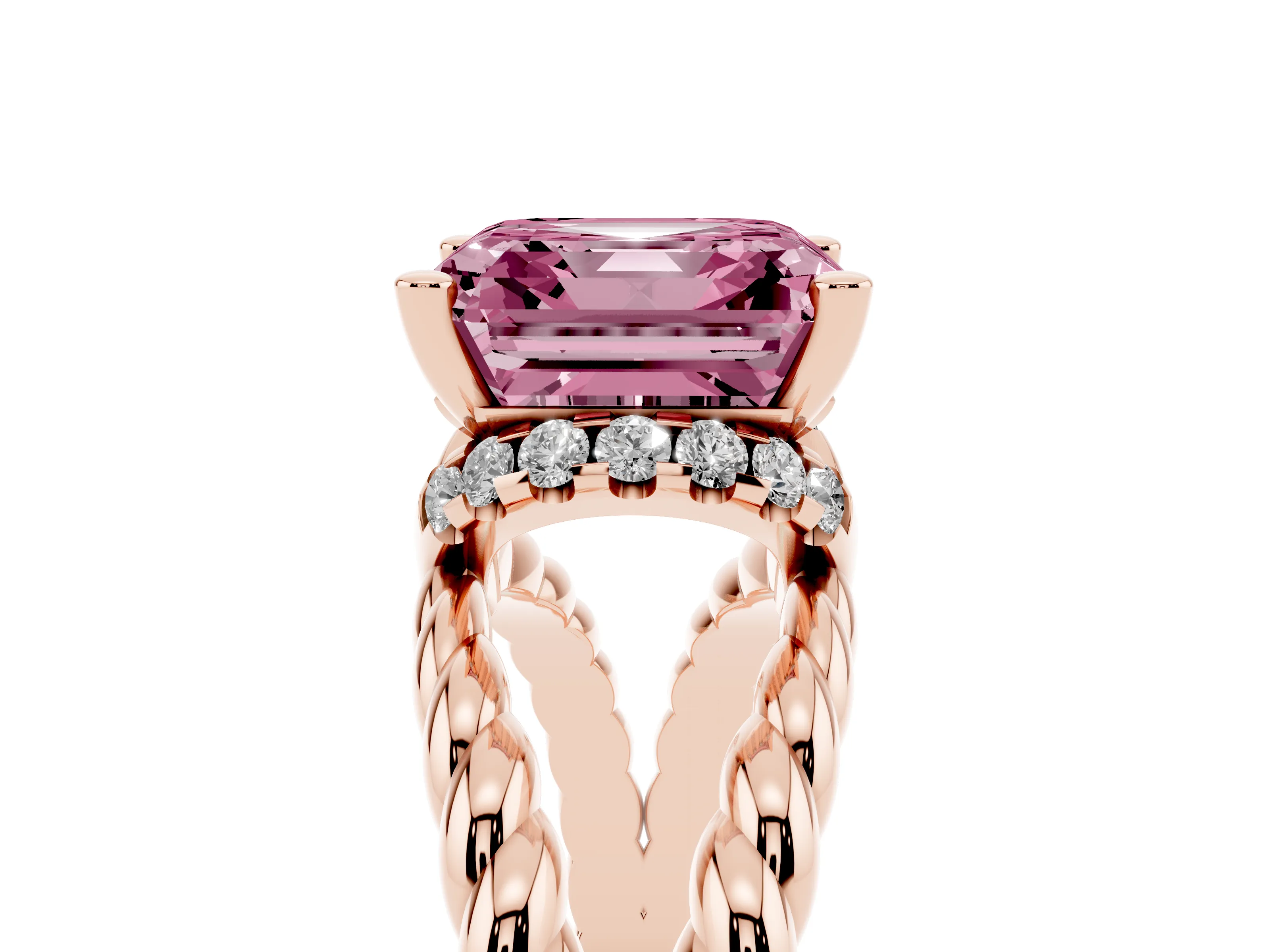 Fancy Pink Asscher Cut Diamond Halo Ring Set in Rose gold with Twisted Band and Prong Setting