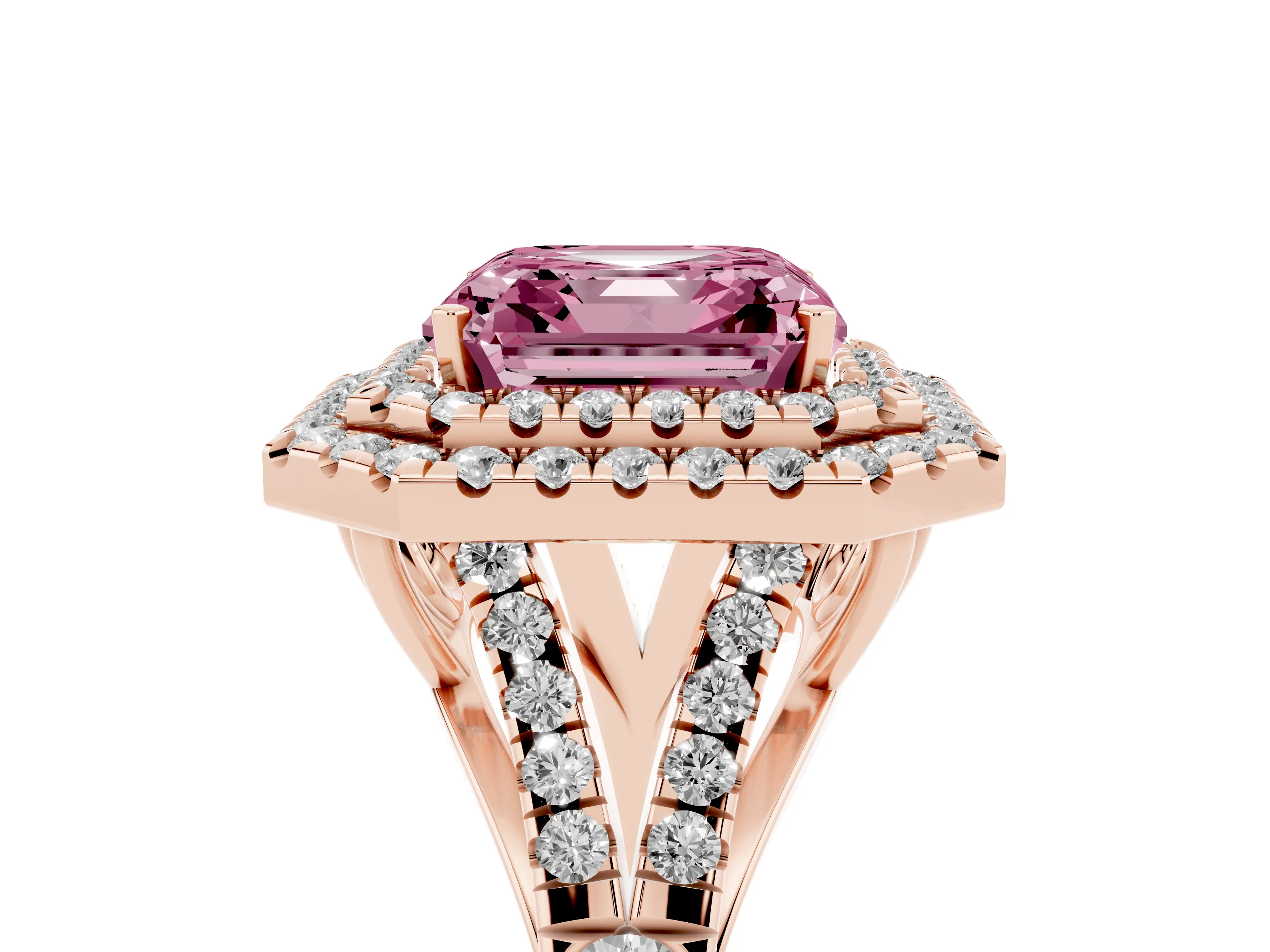 Fancy Pink Asscher Cut Diamond Pavé Split Shank Double Halo Engagement Ring Set in Rose gold