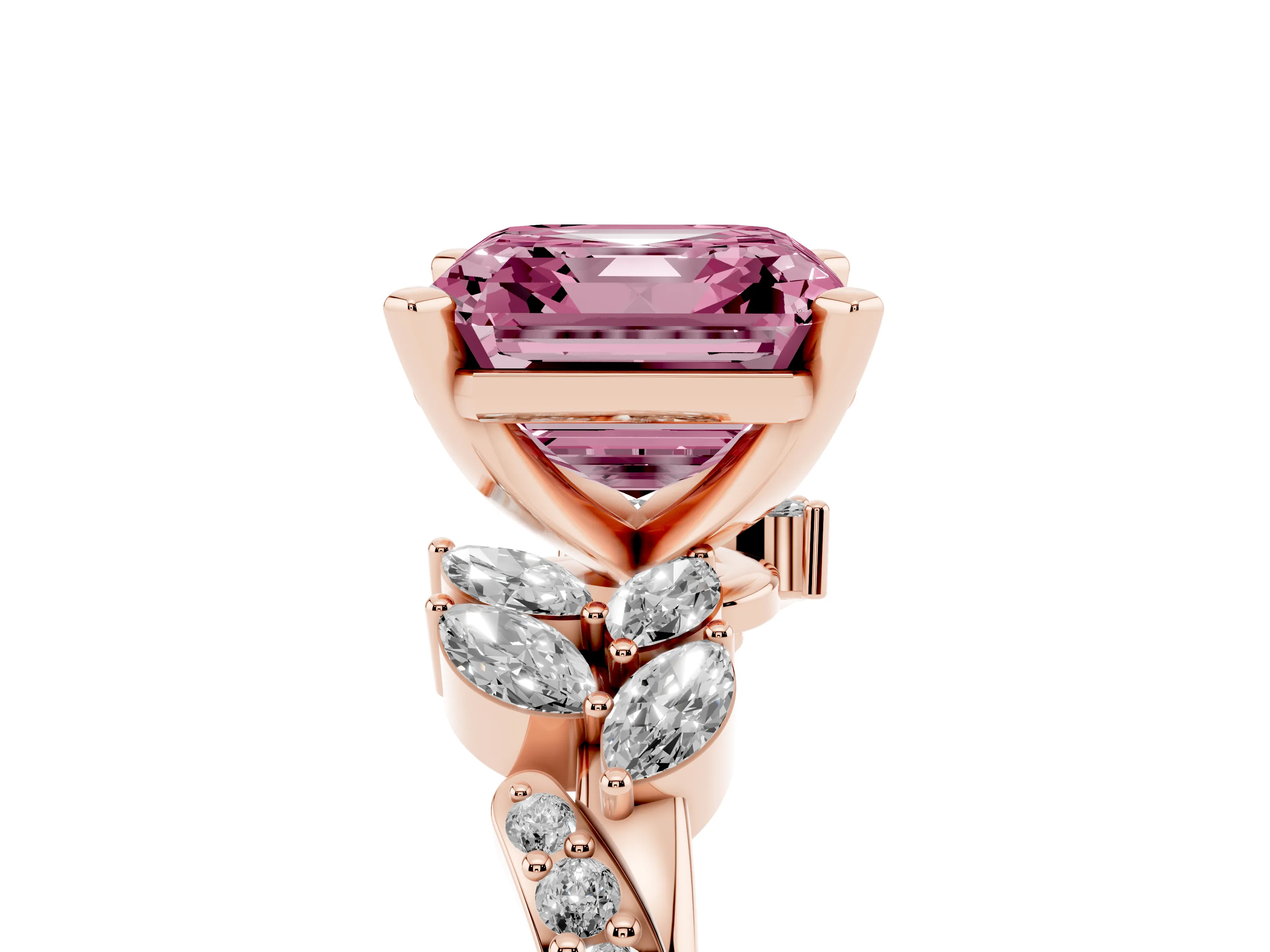 Fancy Pink Asscher Cut Diamond Solitaire Ring Set in Rose gold with Marquise Twist Band and Prong Setting