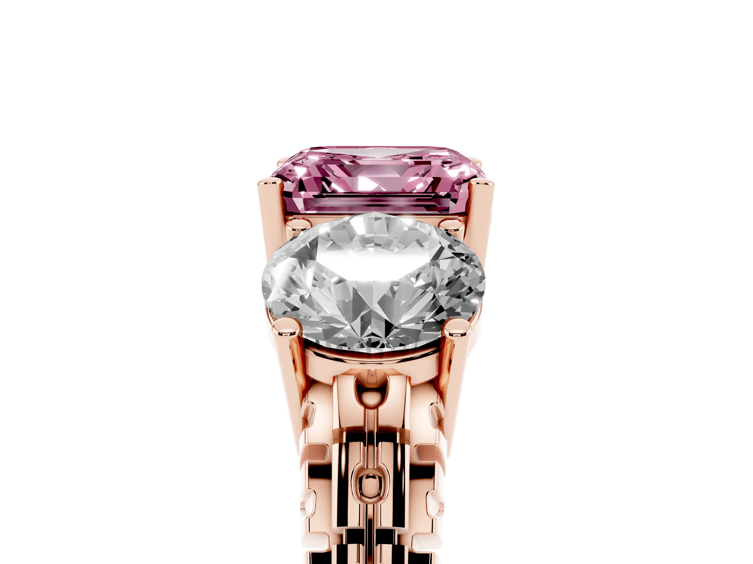 Fancy Pink Asscher Cut Diamond Three-Stone Ring Set in Rose gold with Channel-Set Accent Band