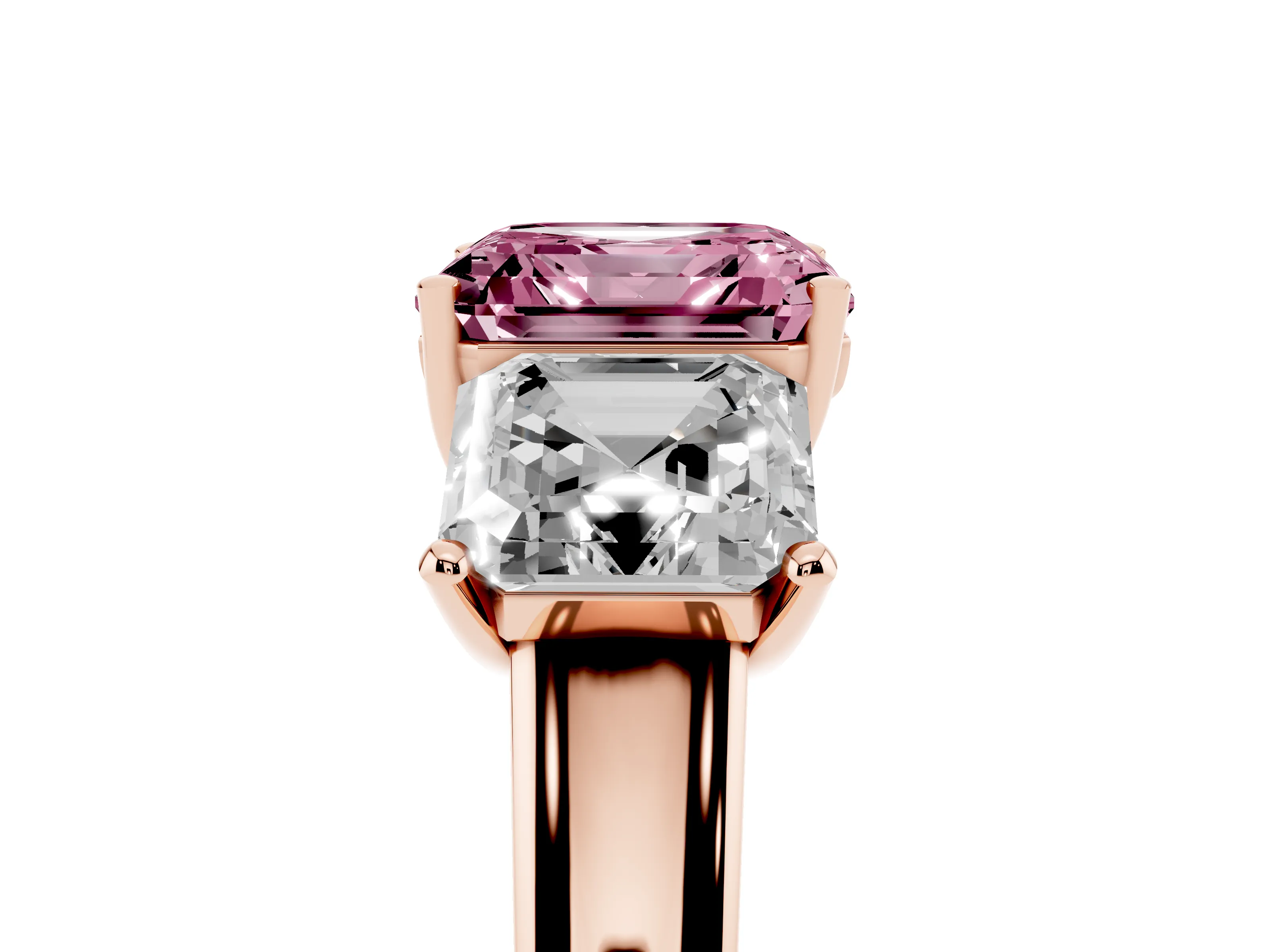 Fancy Pink Asscher Cut Diamond Three-Stone Ring Set in Rose gold with Classic Prong Setting and Plain Band
