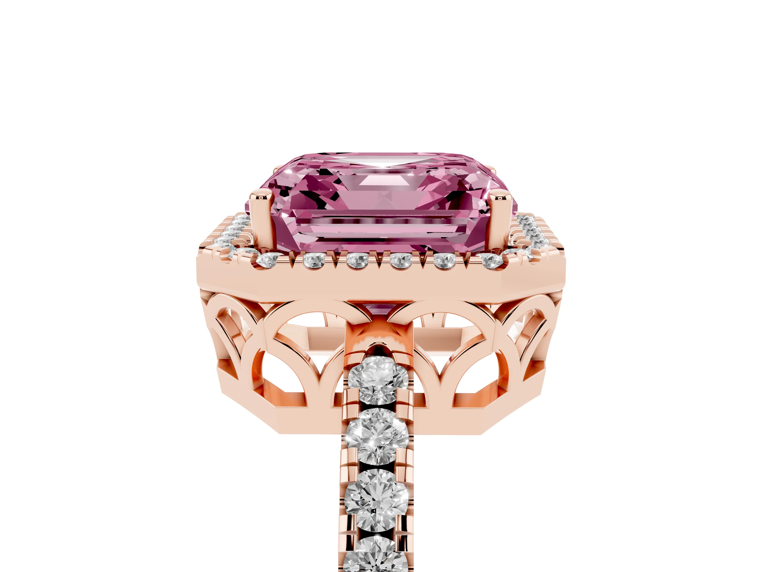 Fancy Pink Asscher Cut Diamond Pavé Band Halo Engagement Ring Set in Rose gold with Prong Setting