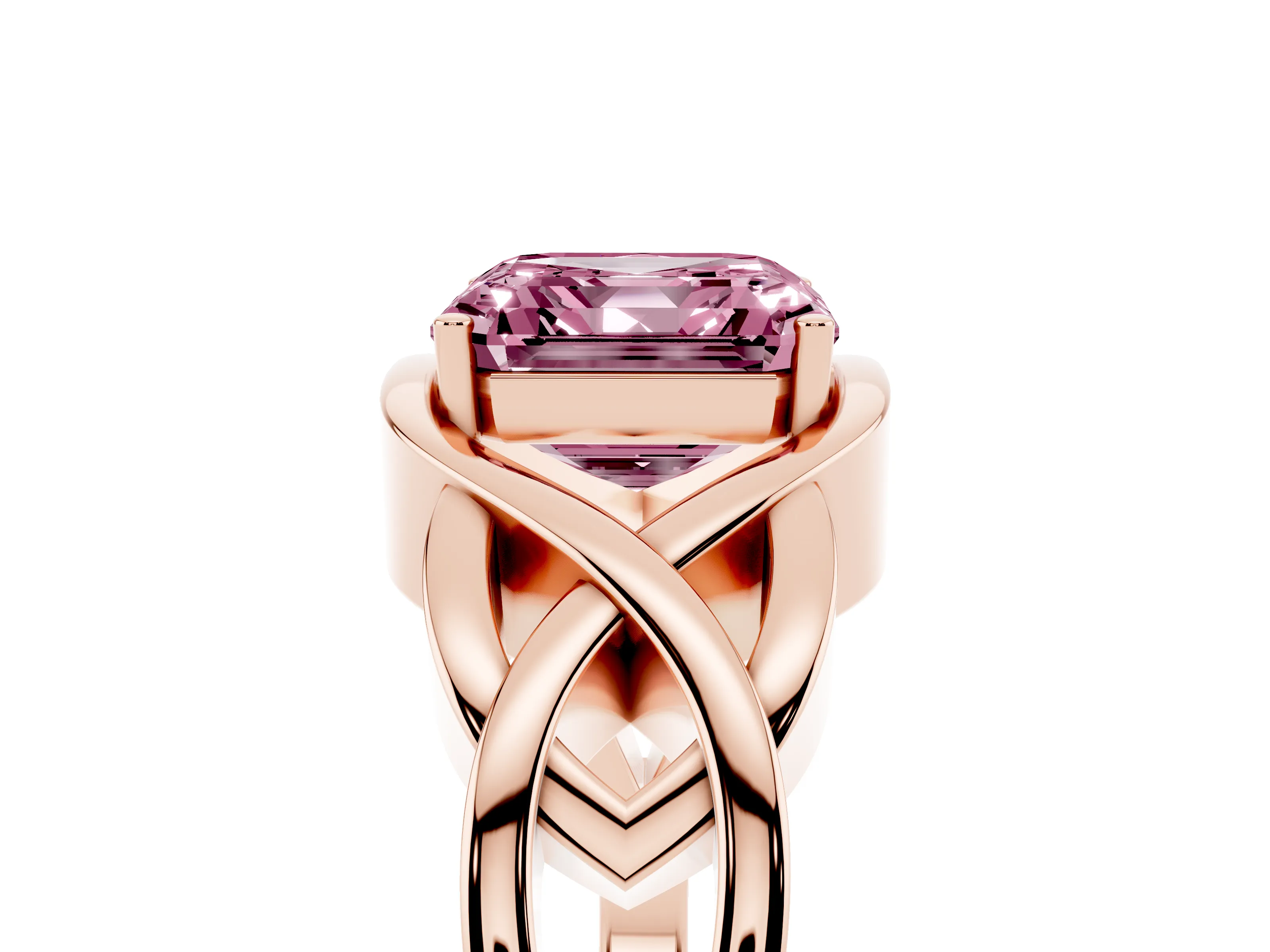 Fancy Pink Asscher Cut Diamond Solitaire Ring Set in Rose gold with Intertwined Band
