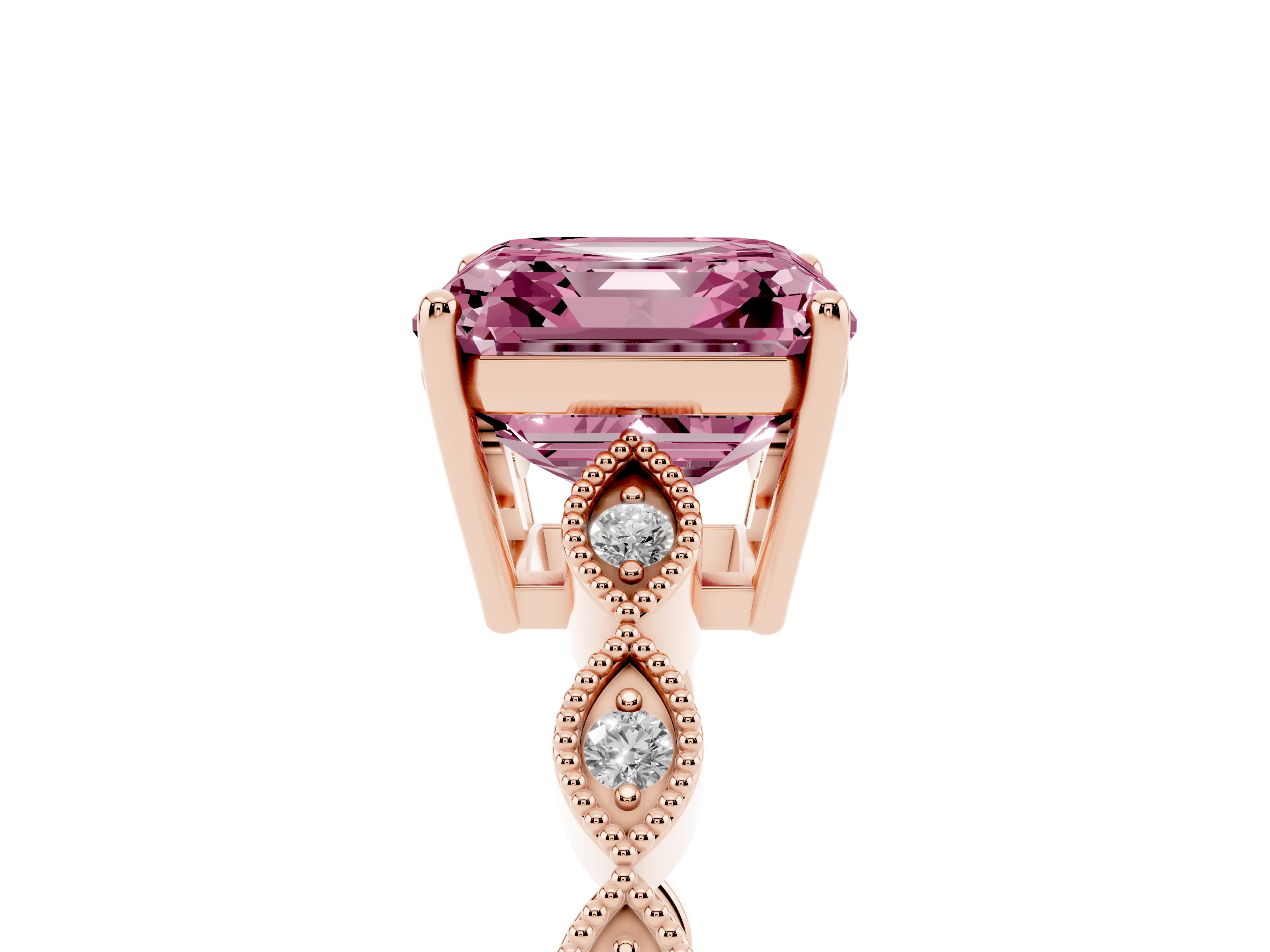 Fancy Pink Asscher Cut Diamond Solitaire Ring Set in Rose gold with Infinity Twist Pavé Band