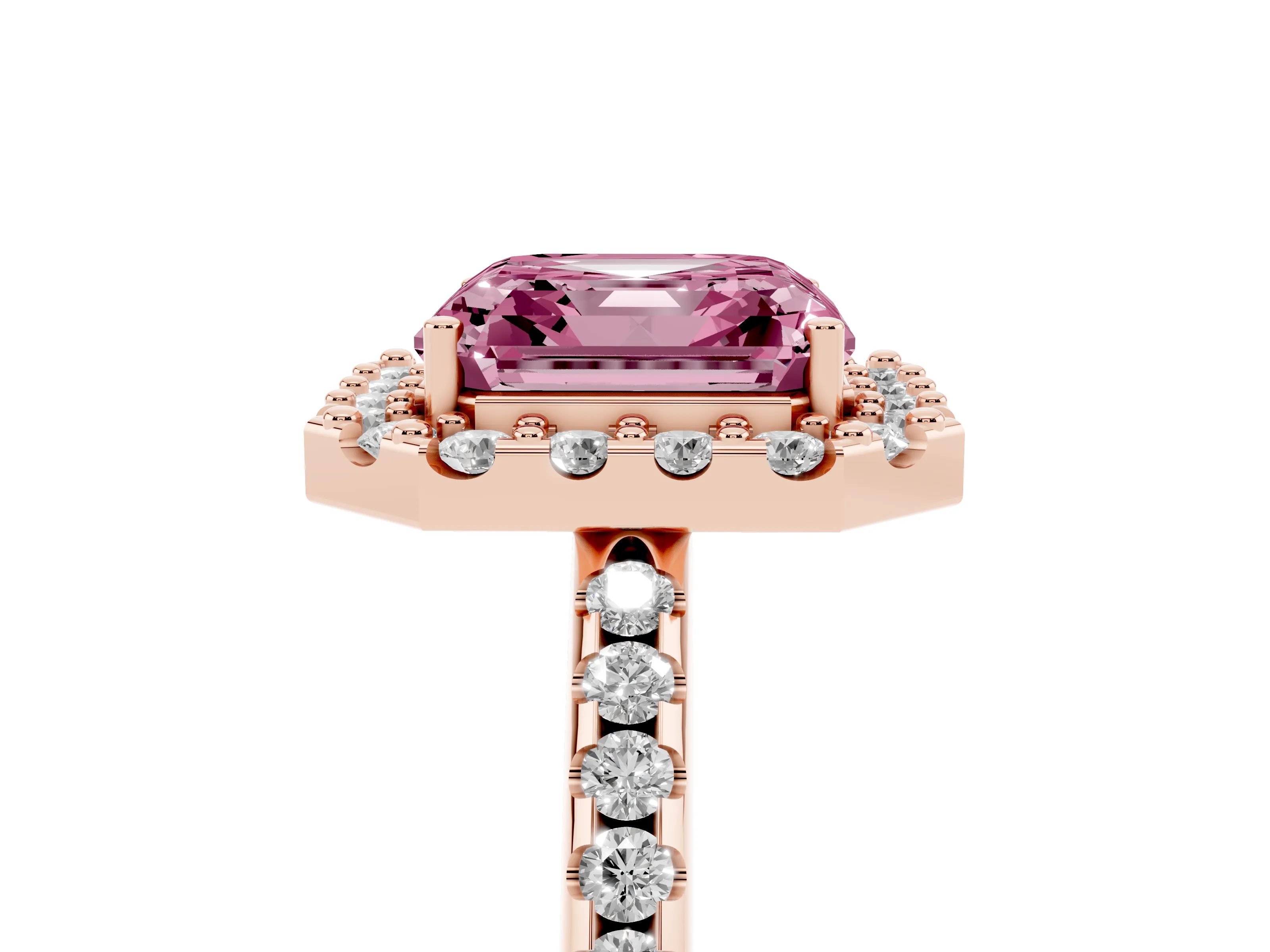 Fancy Pink Asscher Cut Diamond Pavé Halo Ring Set in Rose gold with Prong Setting