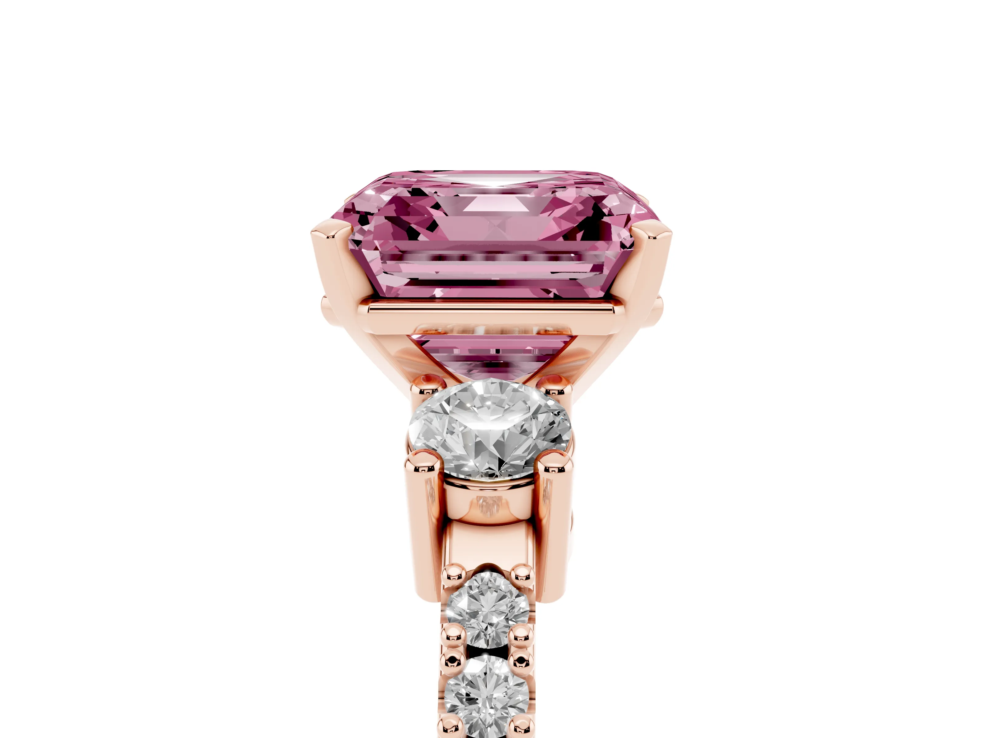 Fancy Pink Three-Stone Asscher Cut Diamond Pavé Band Ring Set in Rose gold with Prong Setting