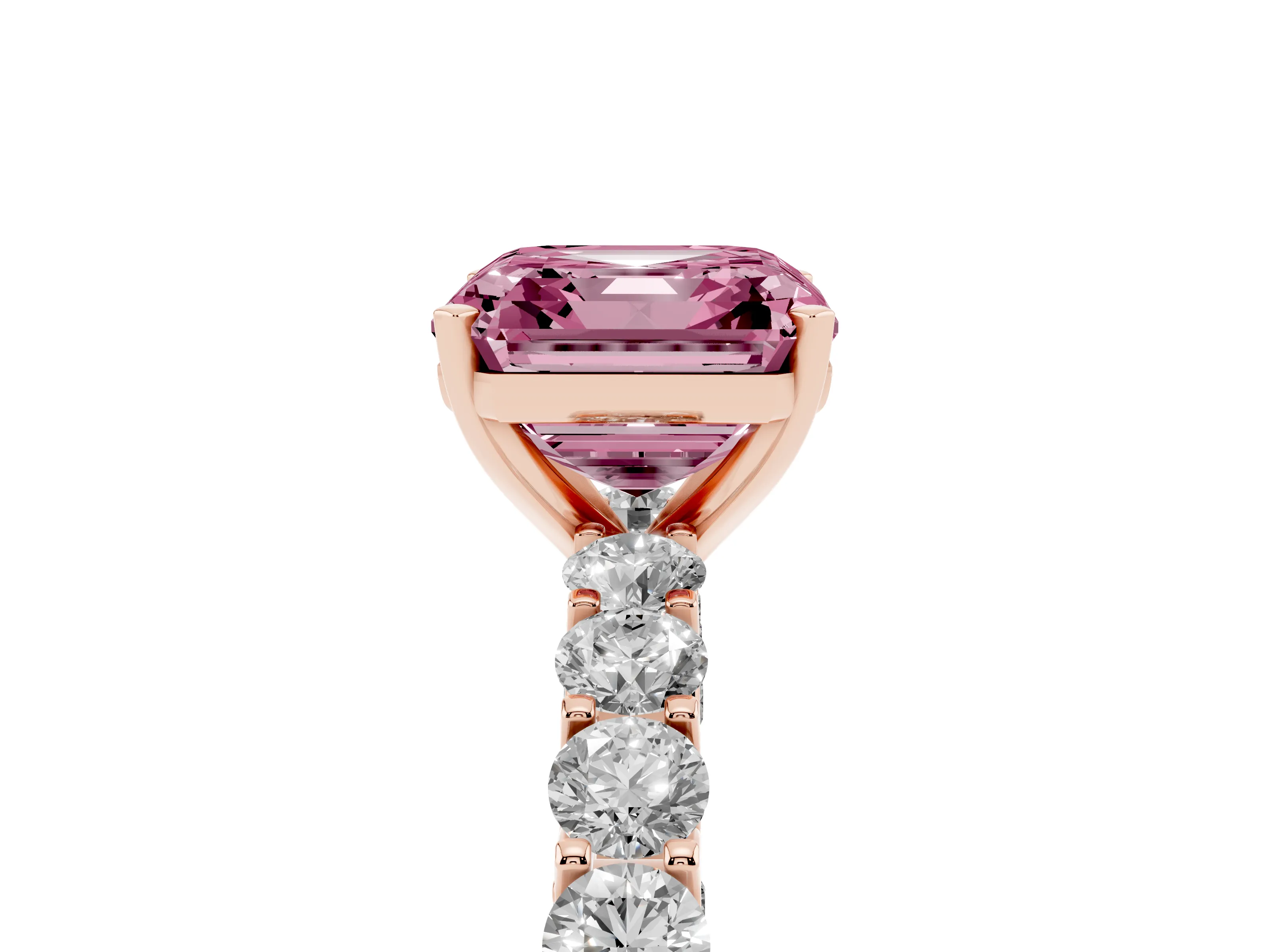 Fancy Pink Asscher Cut Diamond Solitaire Ring Set in Rose gold with Shared Prong Pavé Band