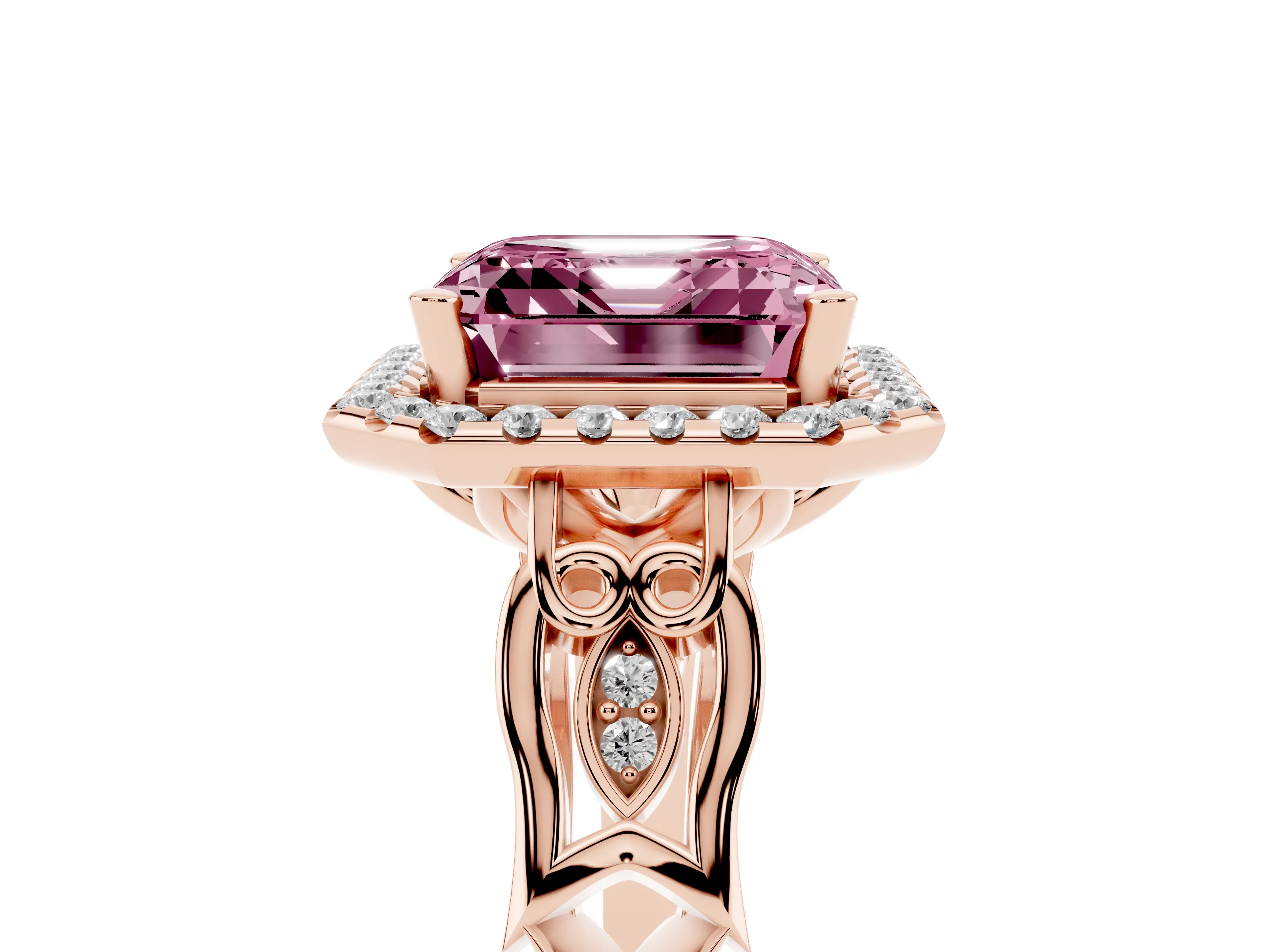 Fancy Pink Asscher Cut Diamond Halo Engagement Ring Set in Rose gold with Filigree Band and Prong-Set Center