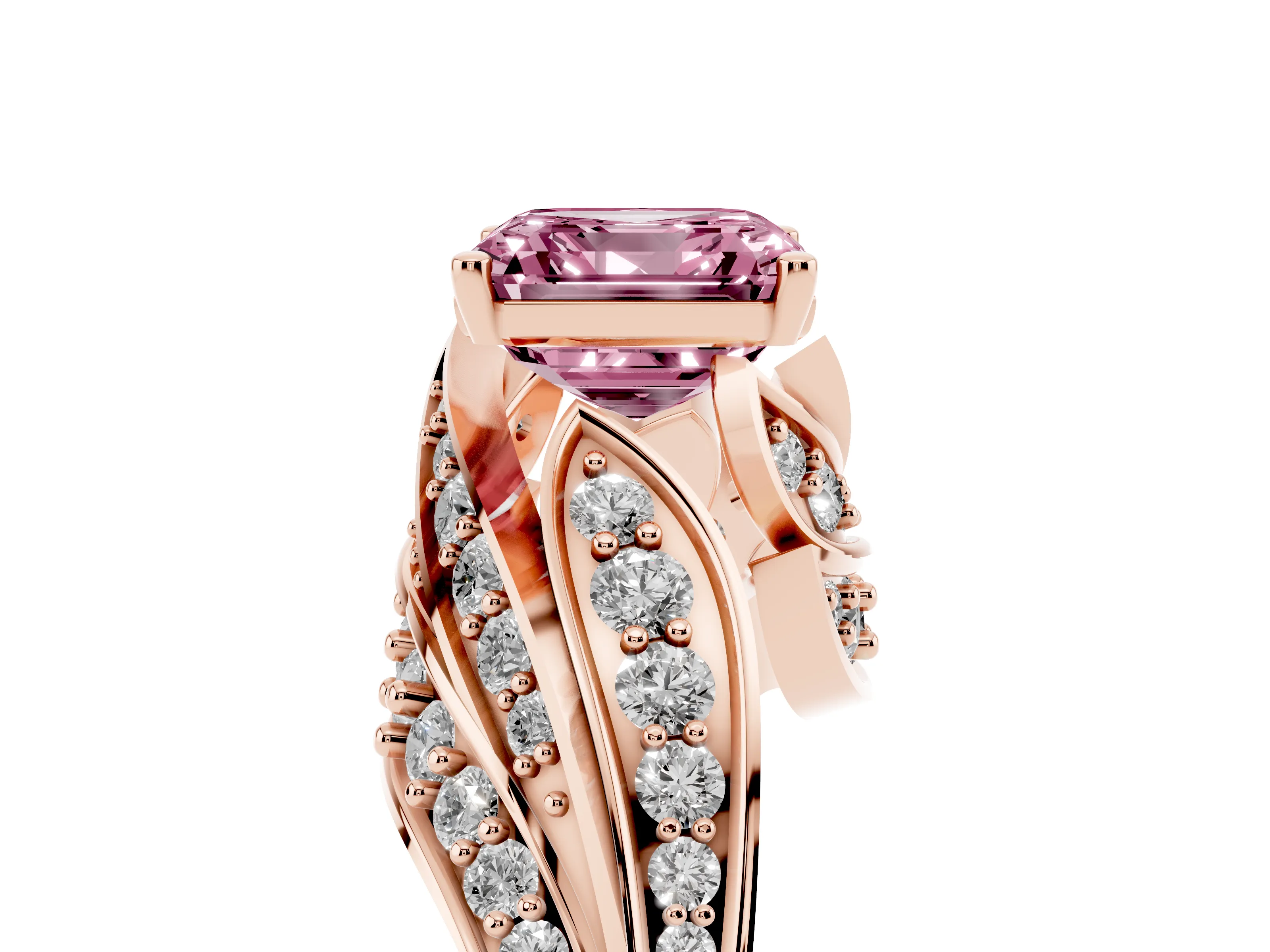 Fancy Pink Asscher Cut Diamond Solitaire Ring Set in Rose gold with Layered Twist Pavé Band