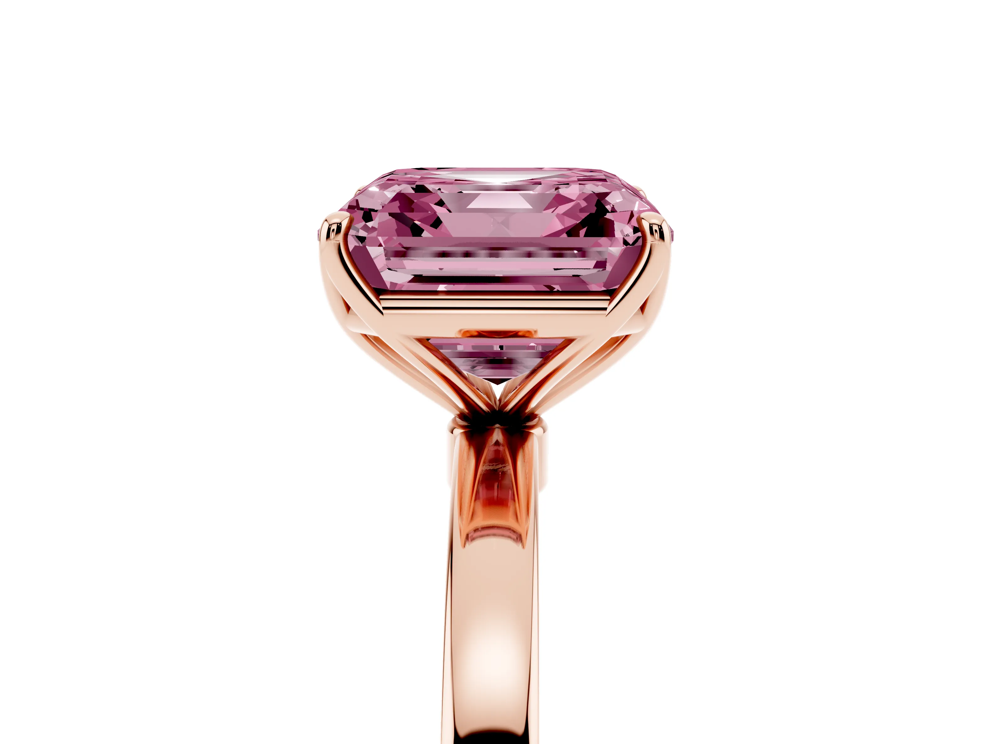 Fancy Pink Asscher Cut Diamond Solitaire Ring Set in Rose gold with Prong Setting and Thin Polished Band