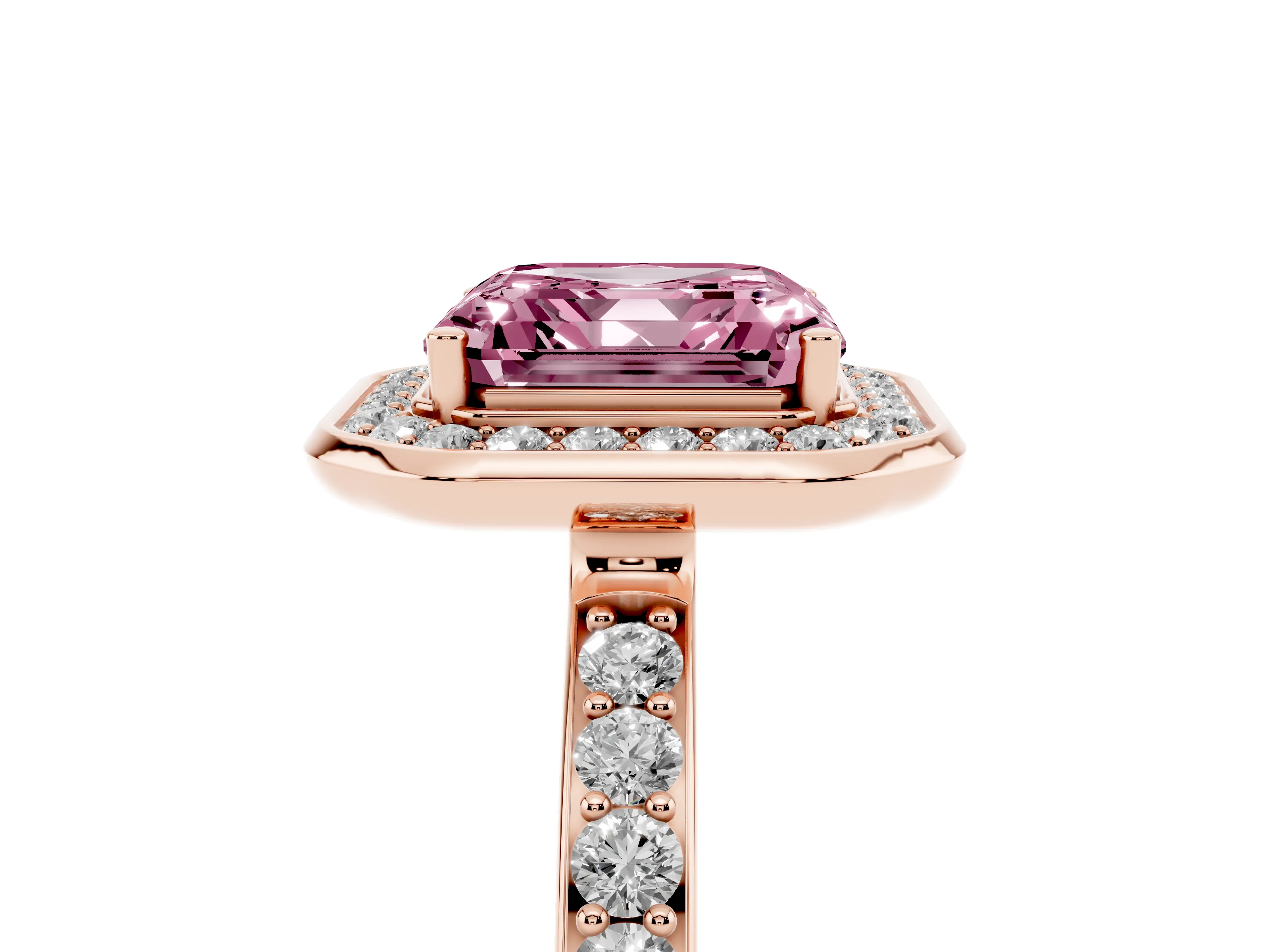 Fancy Pink Asscher Cut Diamond Halo Ring Set in Rose gold with Bezel Frame and Pavé Band