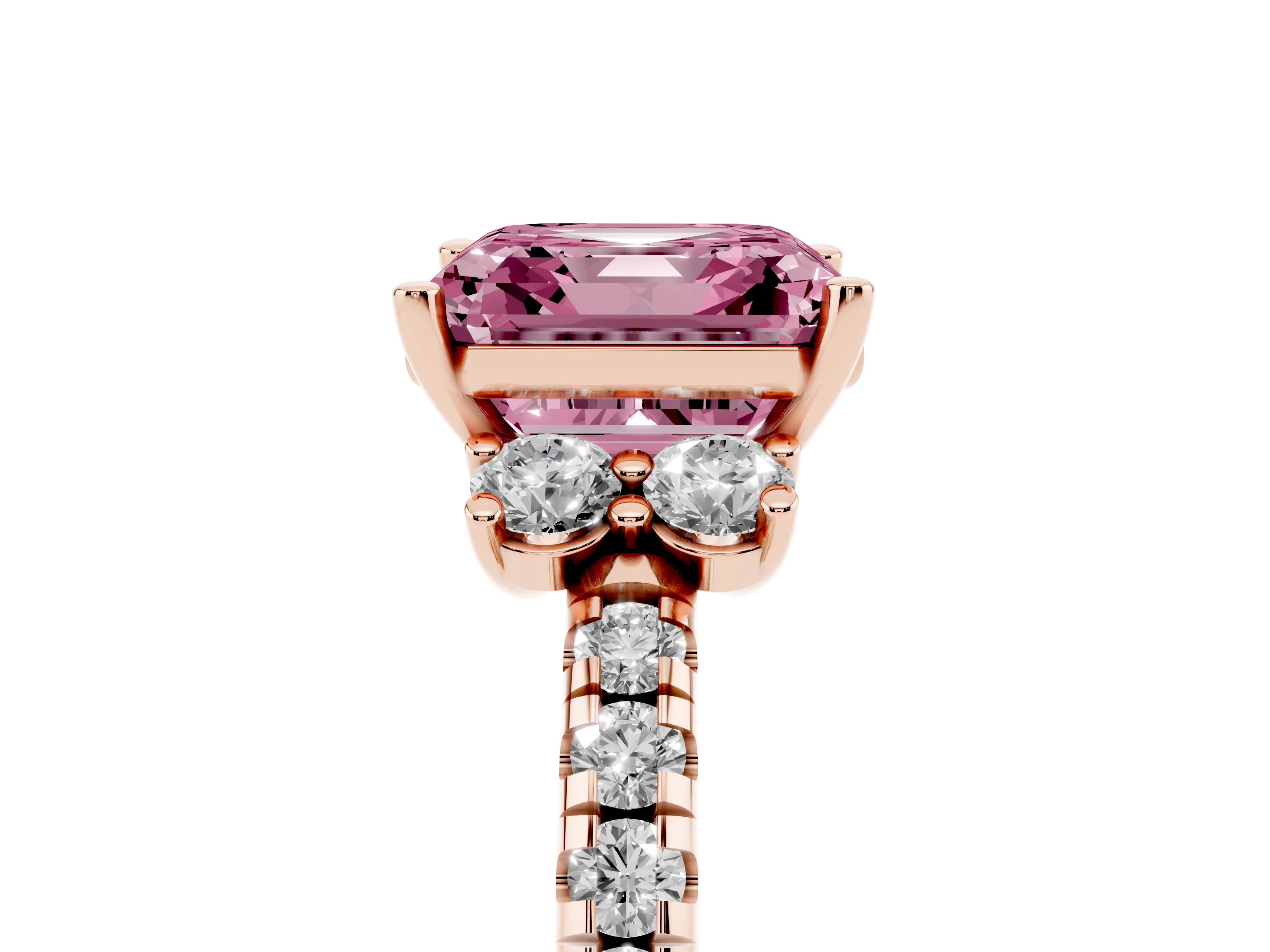 Fancy Pink Asscher Cut Diamond Three-Stone Pavé Ring Set in Rose gold with Prong Setting