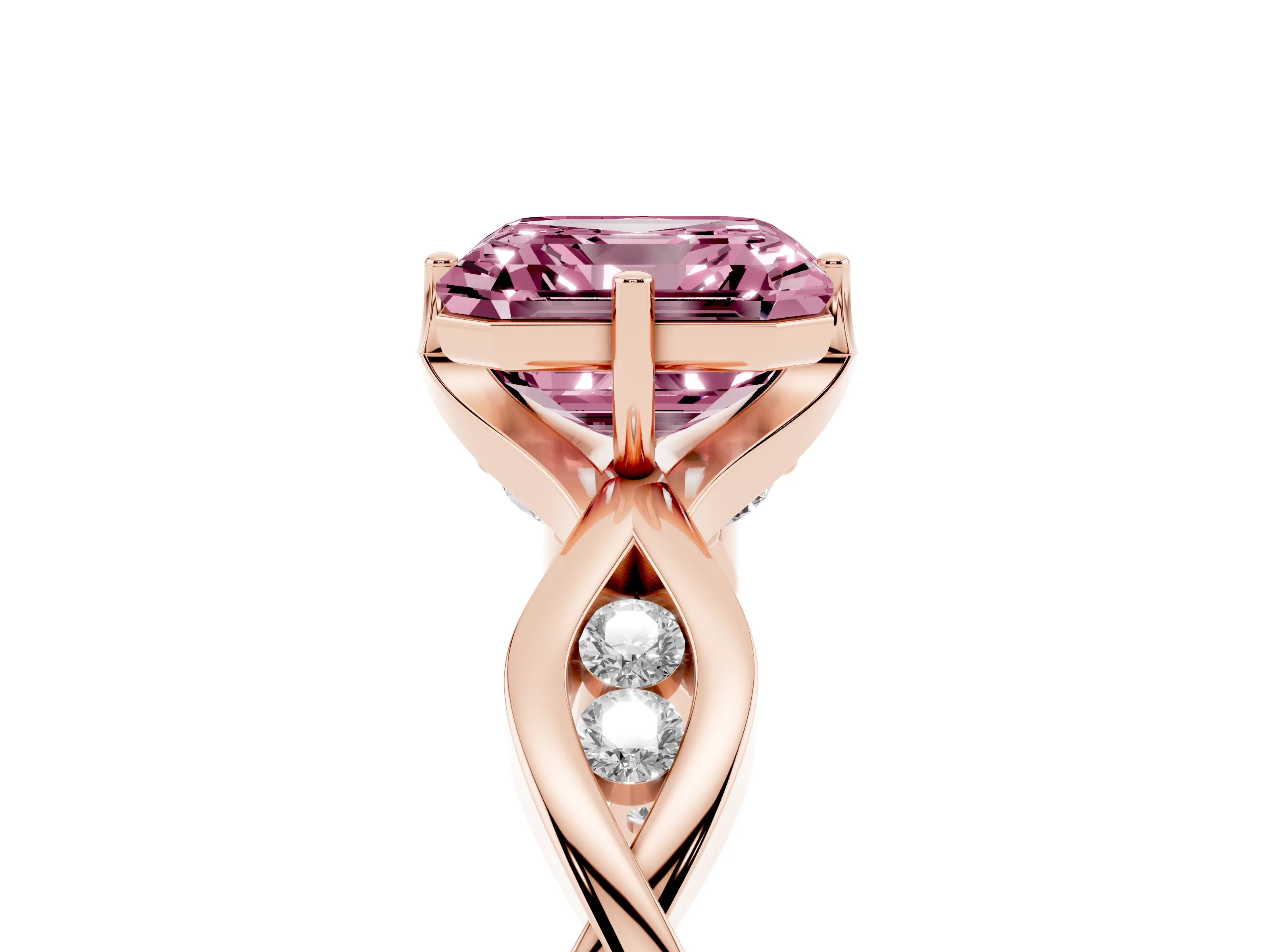 Fancy Pink Asscher Cut Diamond Twist Band Solitaire Ring Set in Rose gold with Leaf Prong Setting and Accent Stones