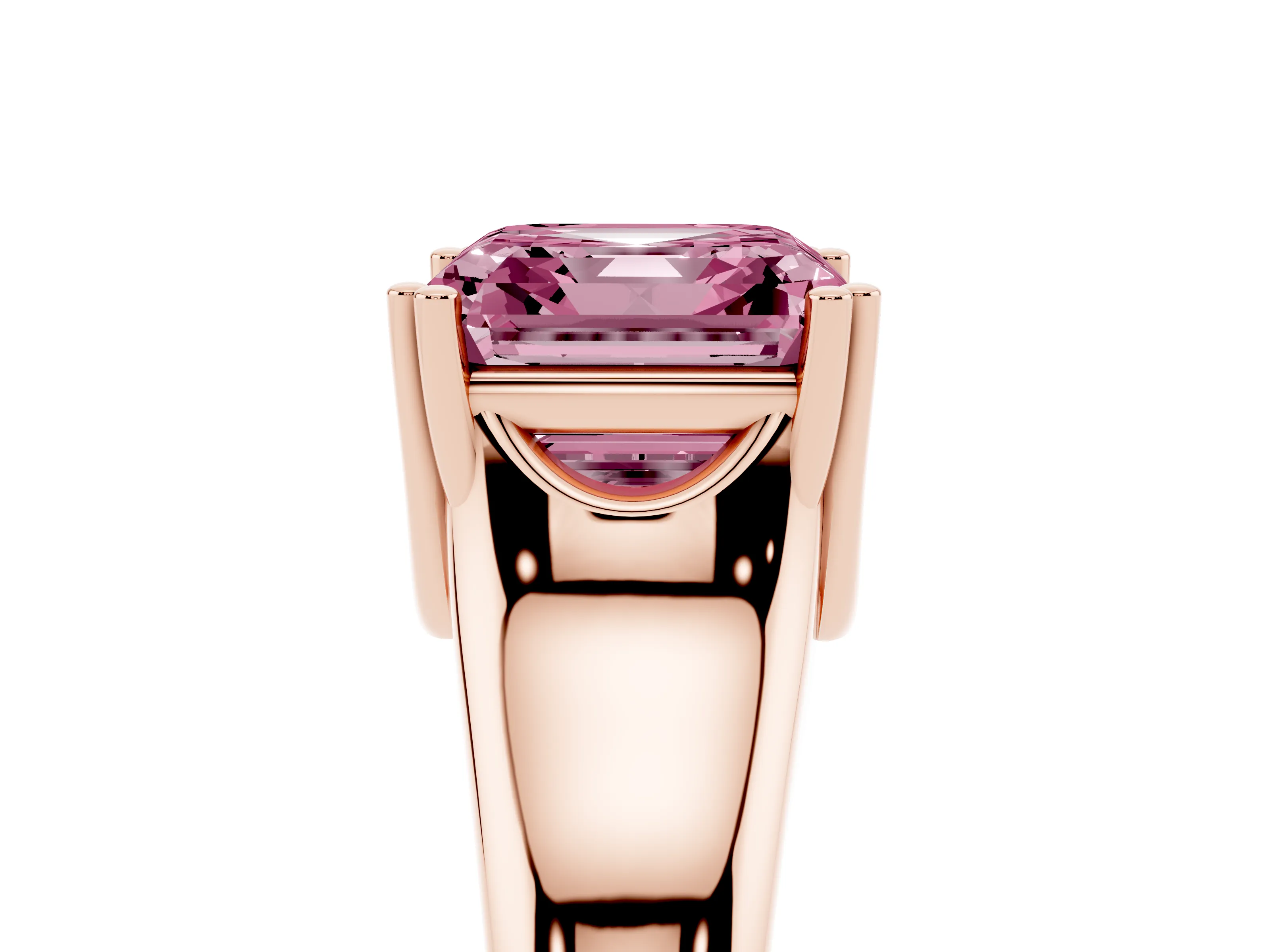 Fancy Pink Asscher Cut Diamond Solitaire Ring Set in Rose gold with Wide Band and Prong Setting