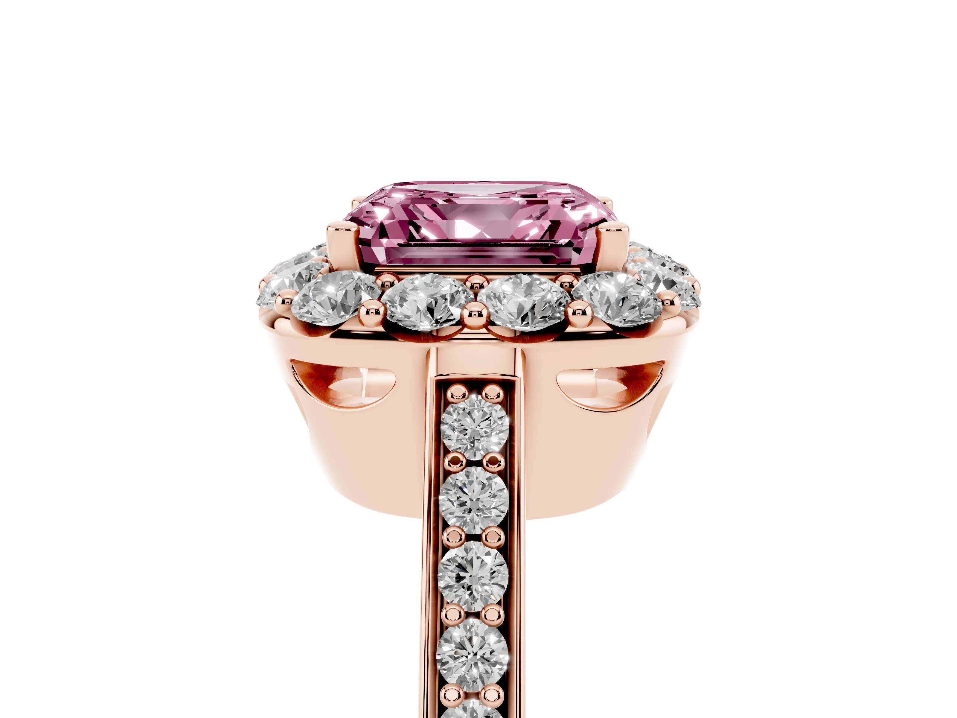 Fancy Pink Asscher Cut Diamond Floral Halo Ring Set in Rose gold with Pavé Band and Prong Setting