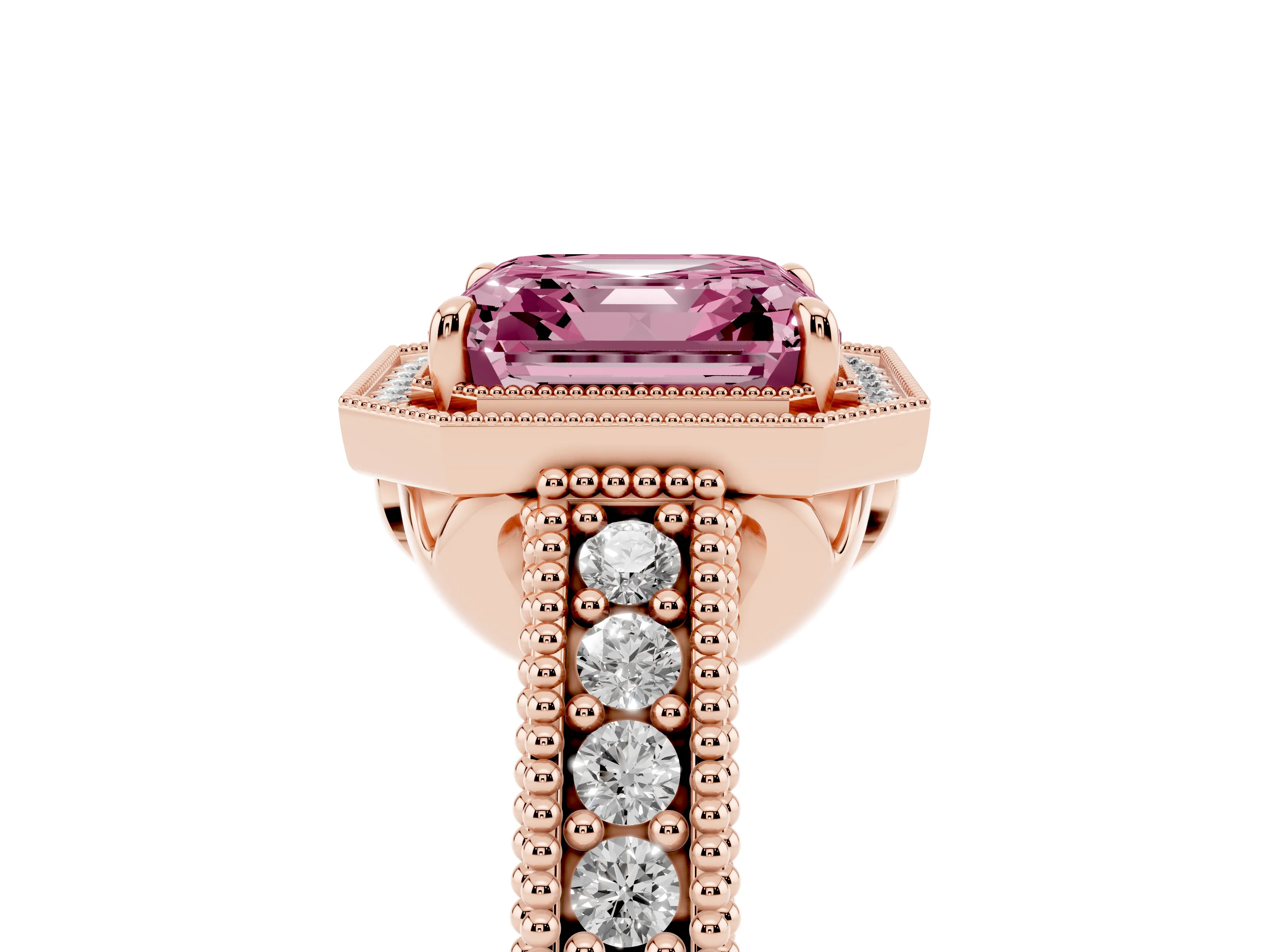 Fancy Pink Asscher Cut Diamond Halo Ring Set in Rose gold with Round Accent Halo, Pavé Band and Prong Setting