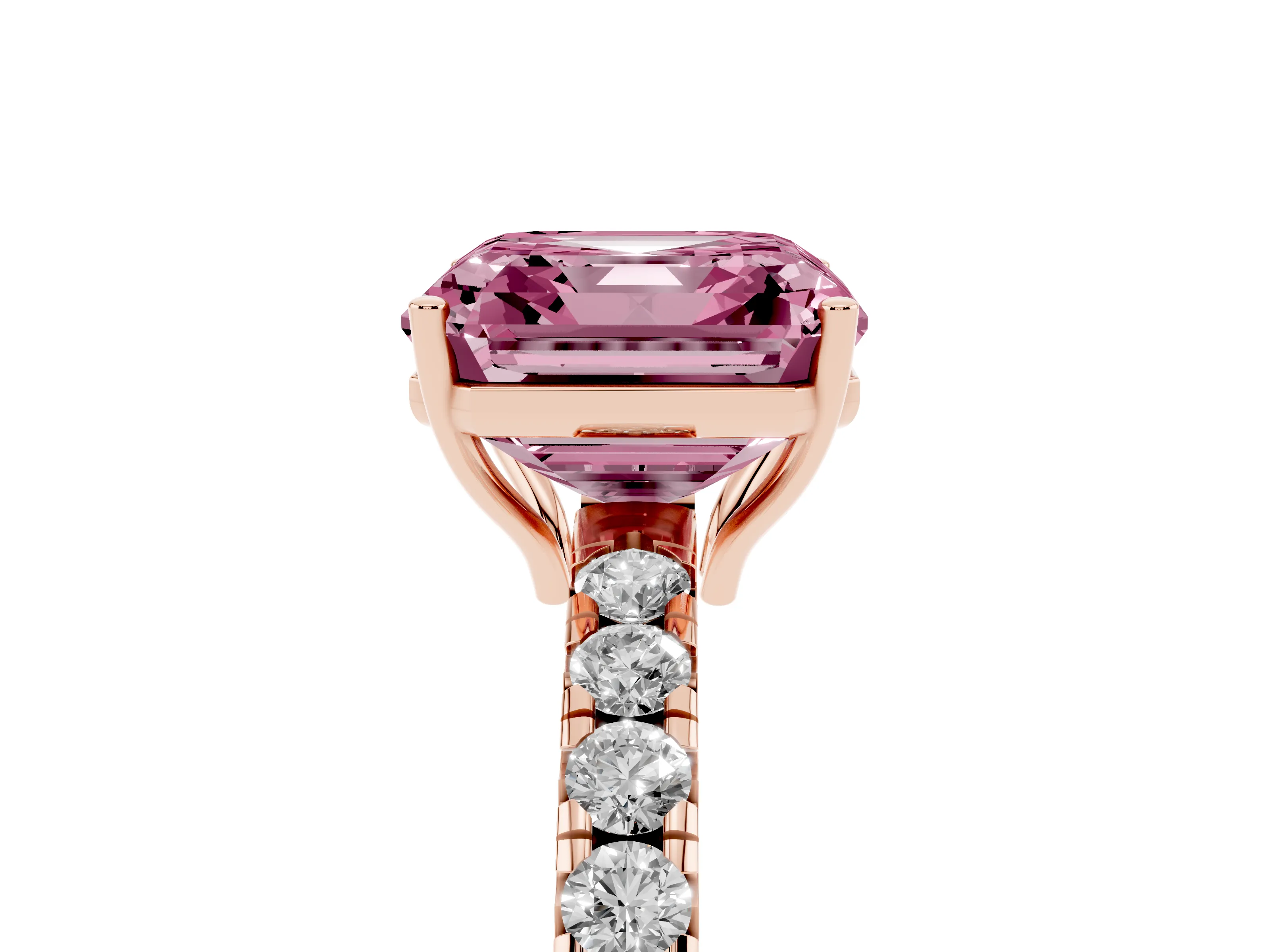 Fancy Pink Asscher Cut Diamond Pavé Solitaire Engagement Ring Set in Rose gold with Prong Setting