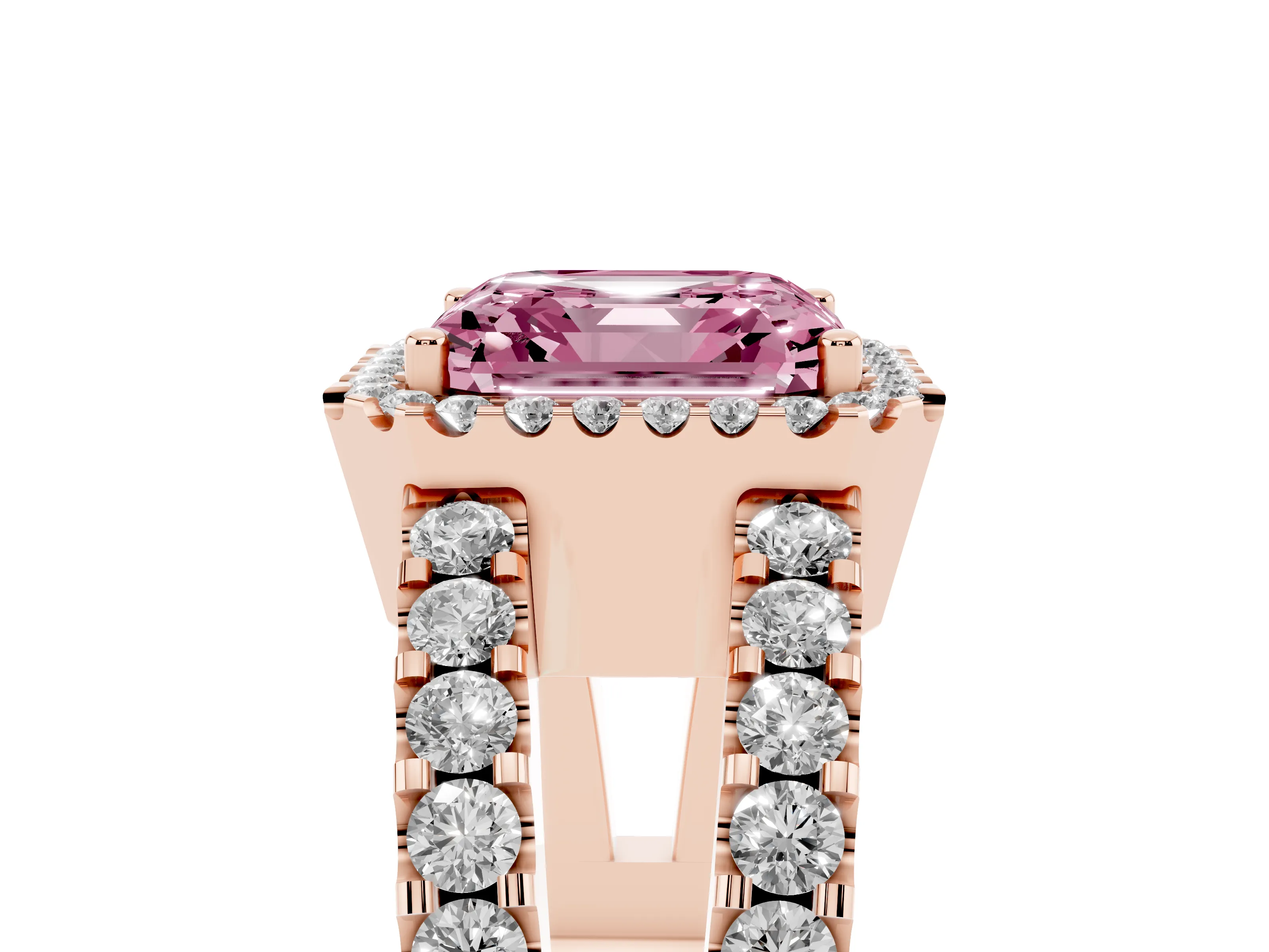 Fancy Pink Asscher Cut Diamond Halo Ring Set in Rose gold with Pavé Split Shank and Prong Setting