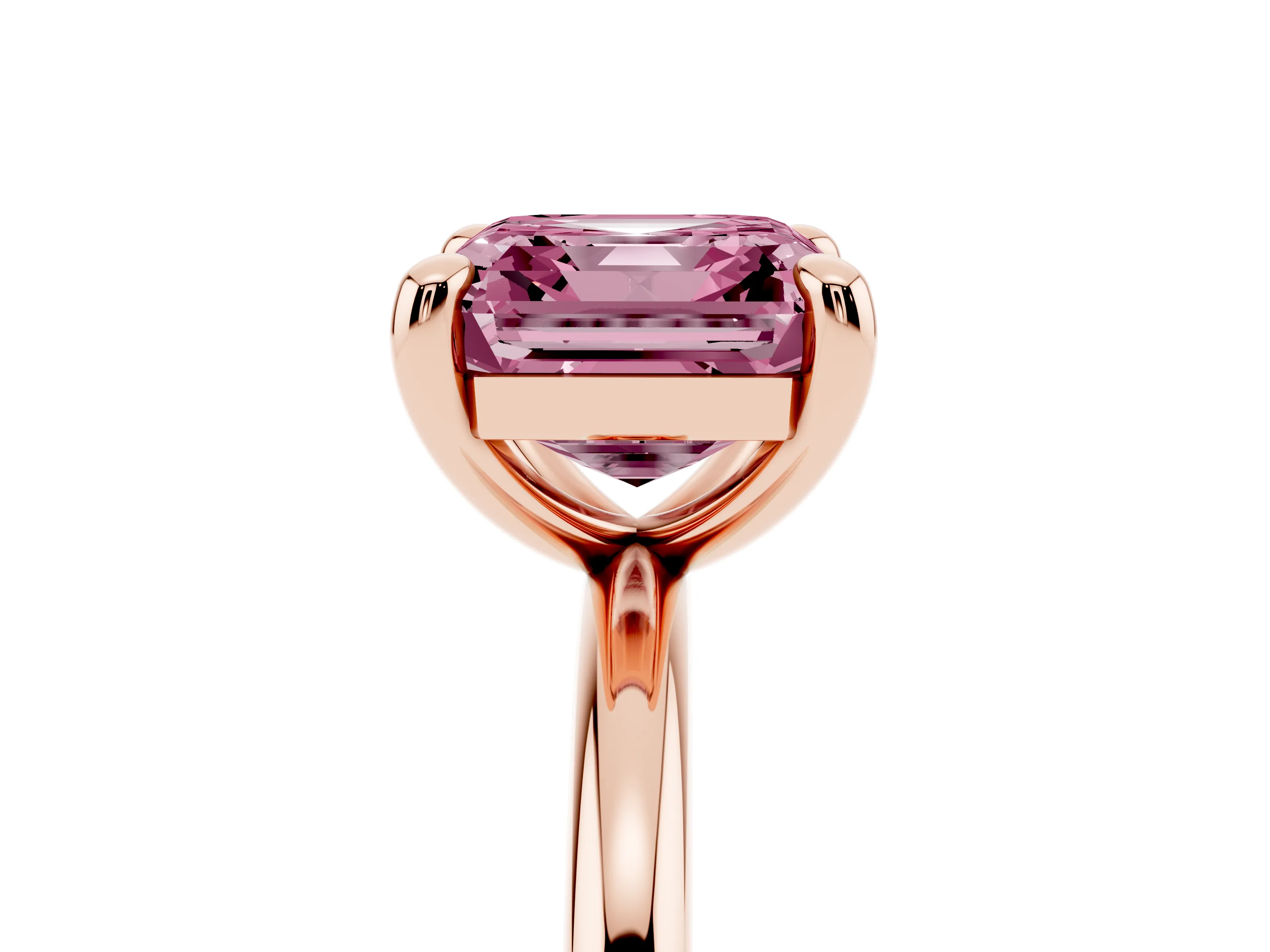 Fancy Pink Asscher Cut Diamond Solitaire Ring Set in Rose gold with Prong Setting on a Polished Plain Band