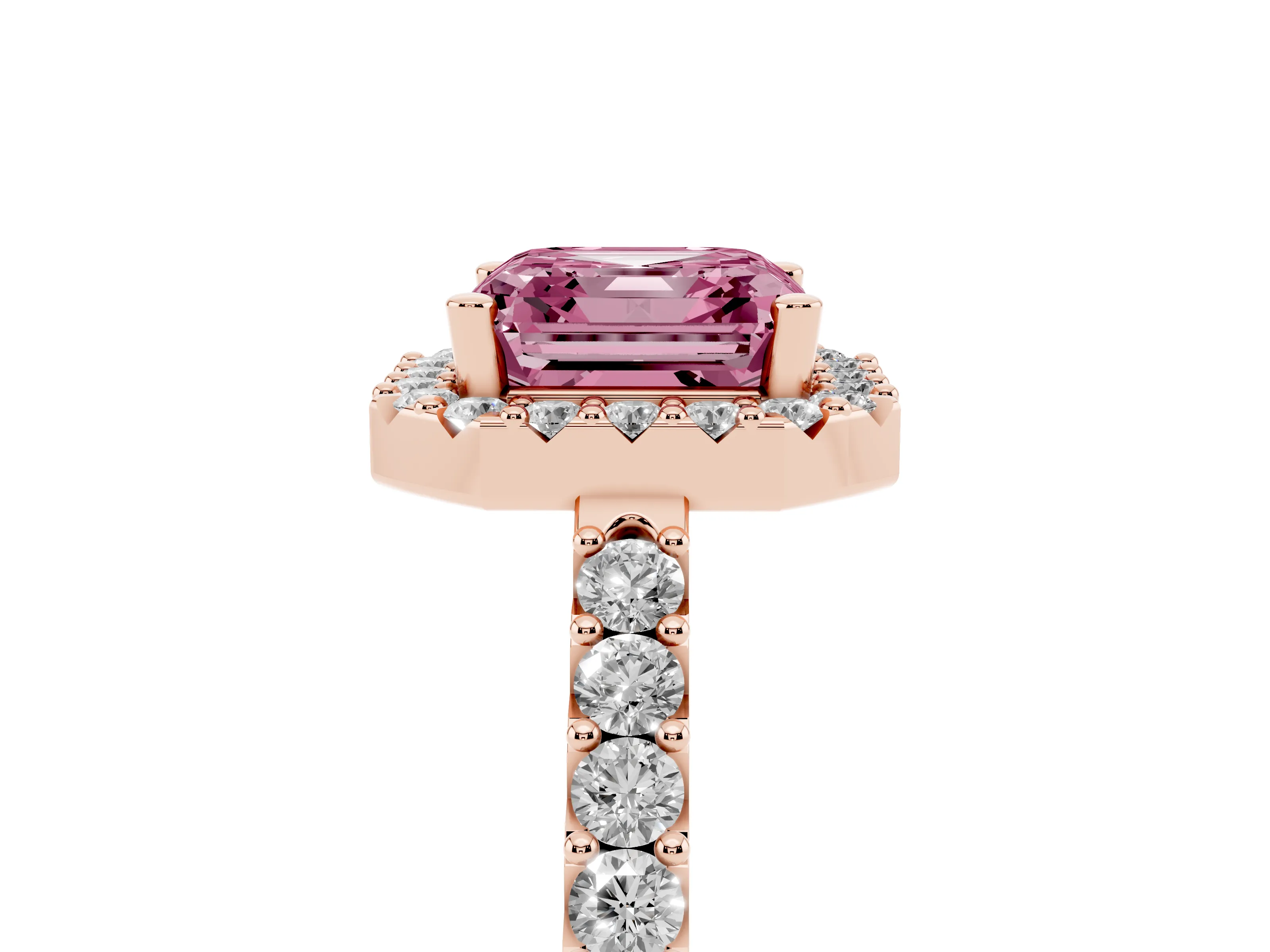 Fancy Pink Asscher Cut Diamond Halo Pavé Solitaire Ring Set in Rose gold with Prong-Set Center Stone