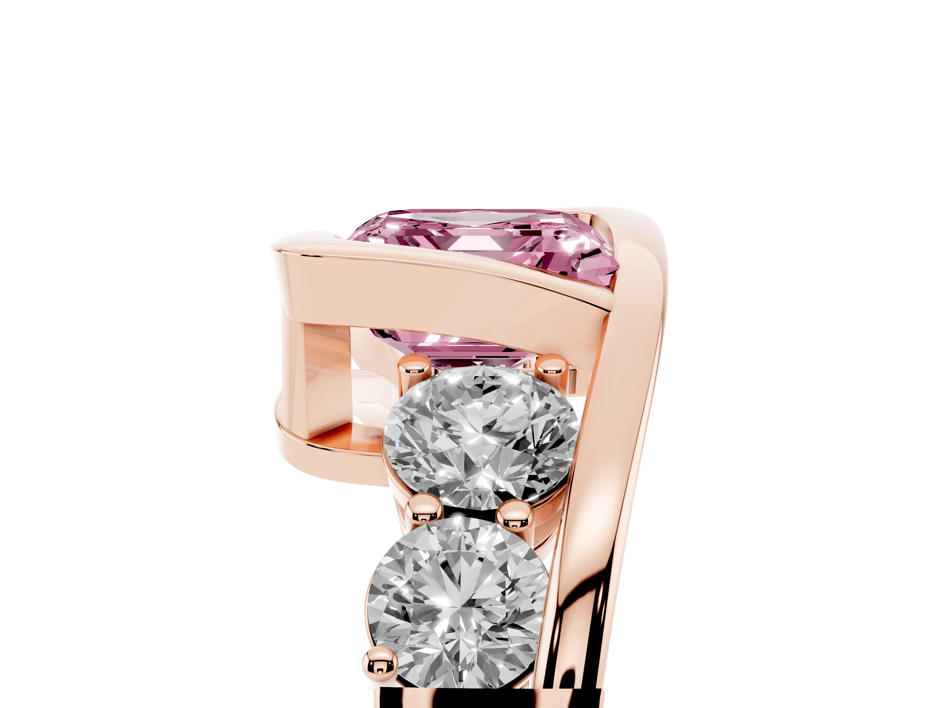 Fancy Pink Asscher Cut Diamond Bezel Bypass Ring Set in Rose gold with Round Accents