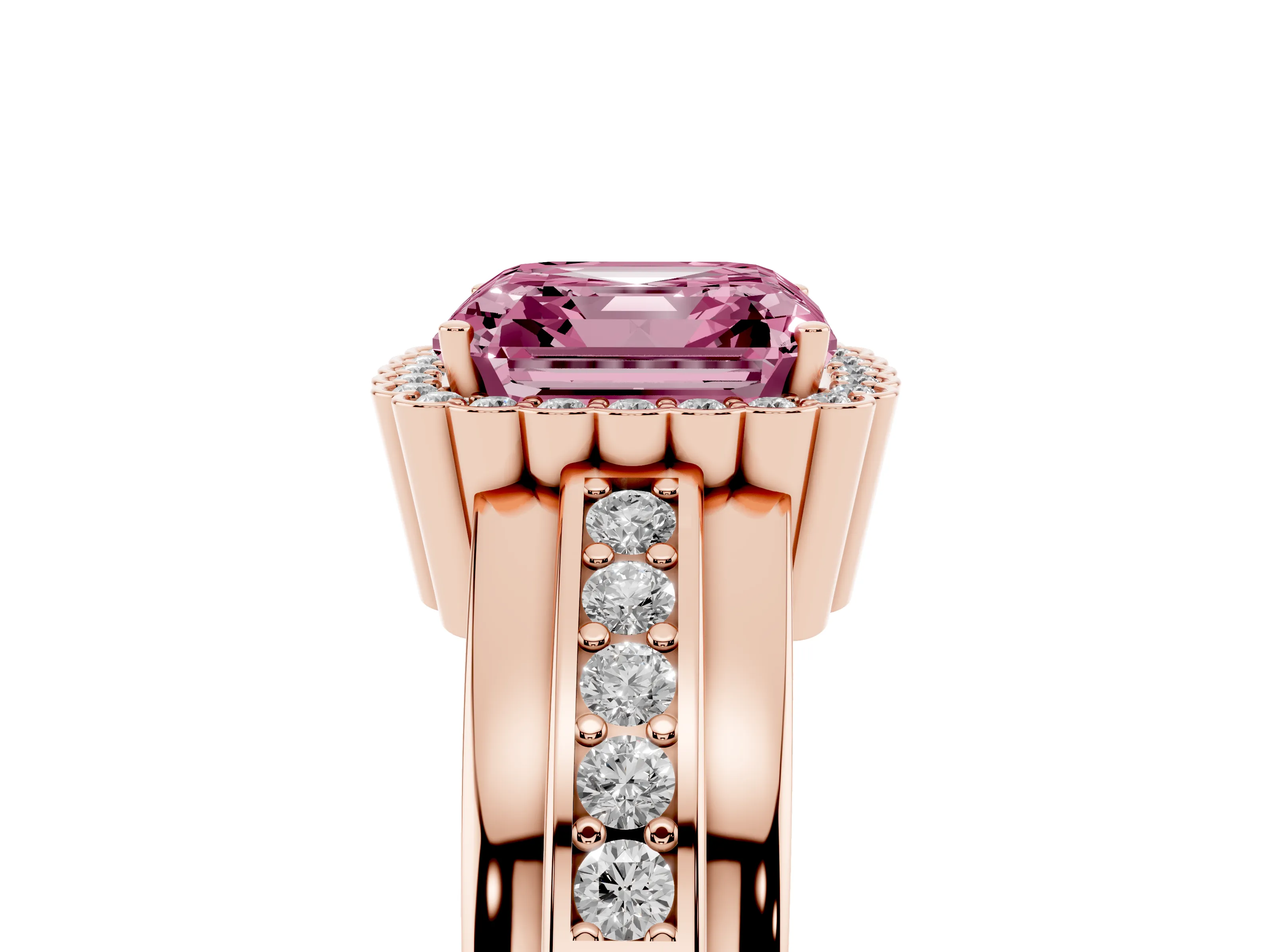 Fancy Pink Asscher Cut Diamond Halo Prong Ring Set in Rose gold with Pavé Band